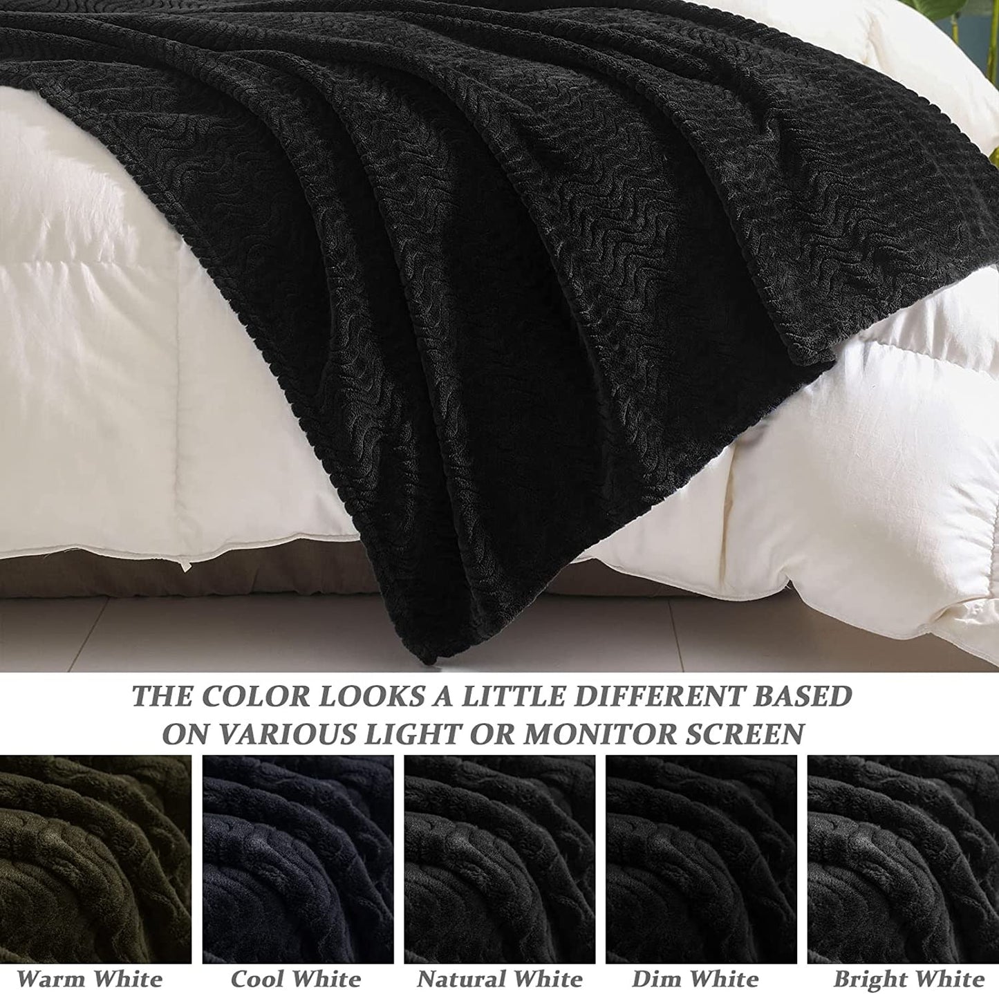 Exclusivo Mezcla Large Flannel Fleece Throw Blanket, Jacquard Weave Wave Pattern (50" x 70", Black) - Soft, Warm, Lightweight and Decorative