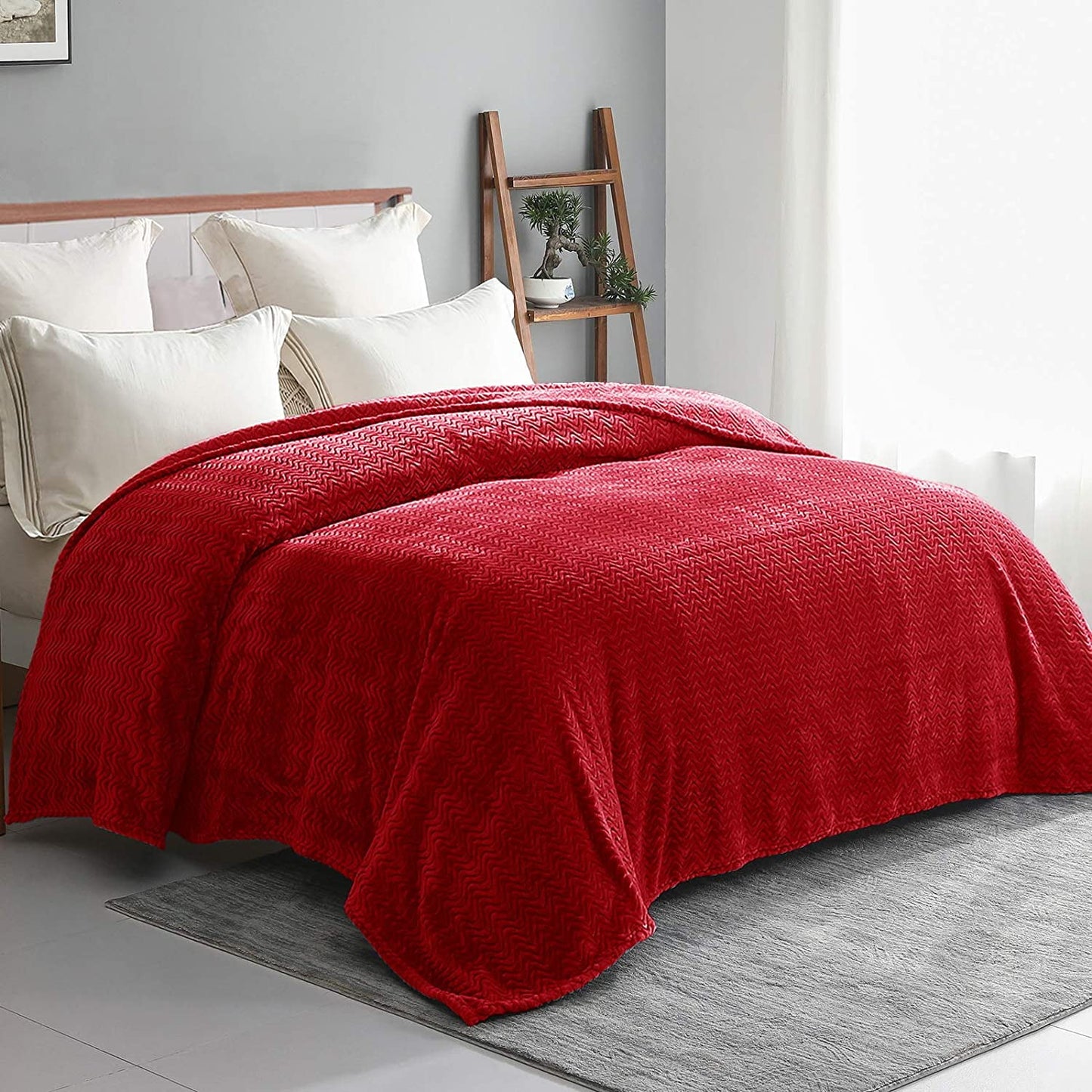 Exclusivo Mezcla Queen Size Jacquard Weave Wave Pattern Flannel Fleece Velvet Plush Bed Blanket as Bedspread/Coverlet/Bed Cover (90" x 90", Red) - Soft, Lightweight, Warm and Cozy