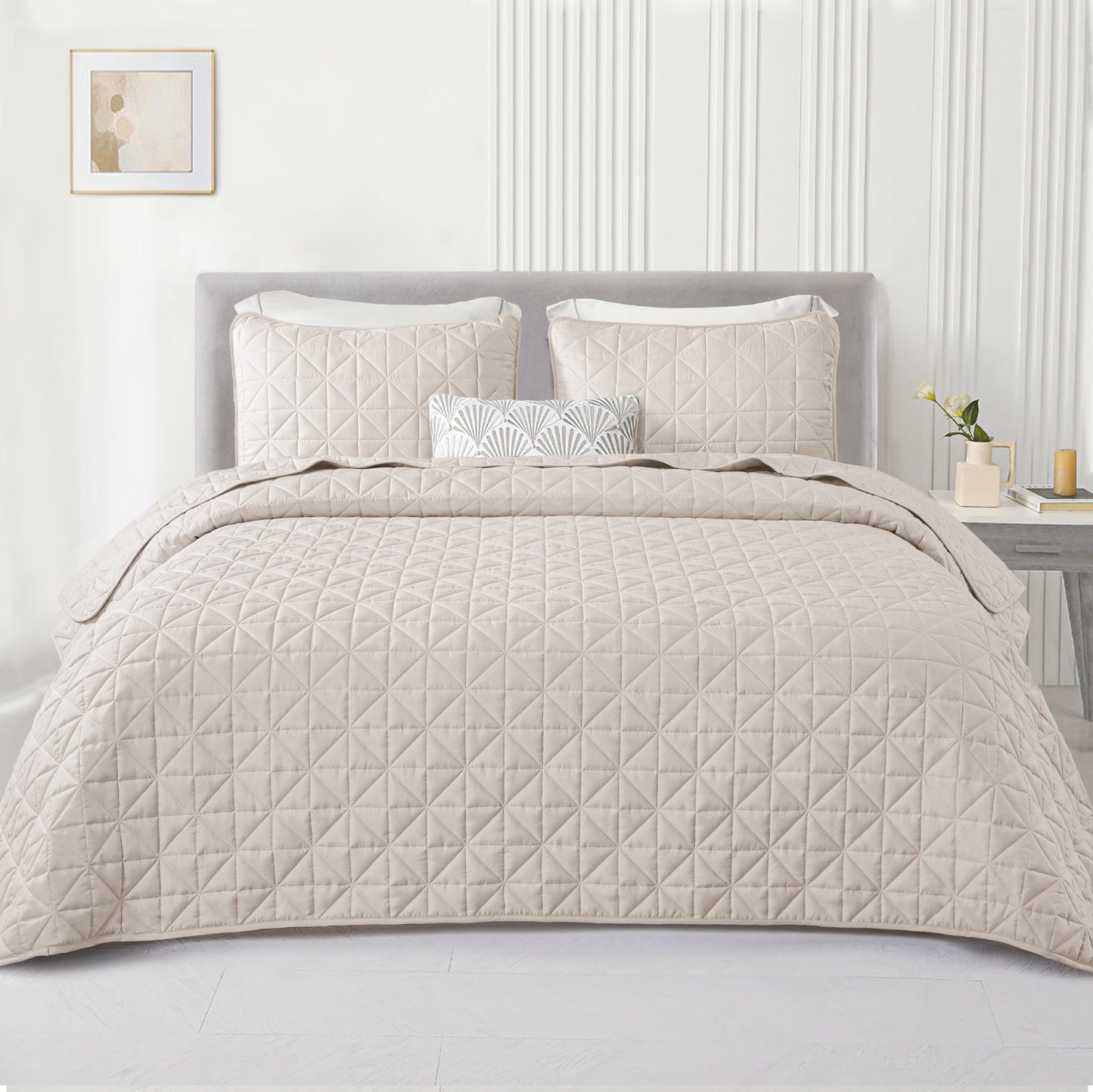Exclusivo Mezcla Twin Quilt Bedding Set for All Seasons, Lightweight Soft Brich Beige Quilts Twin Size Bedspreads Coverlets Bed Cover with Geometric Stitched Pattern, (1 Quilt, 1 Pillow Sham)
