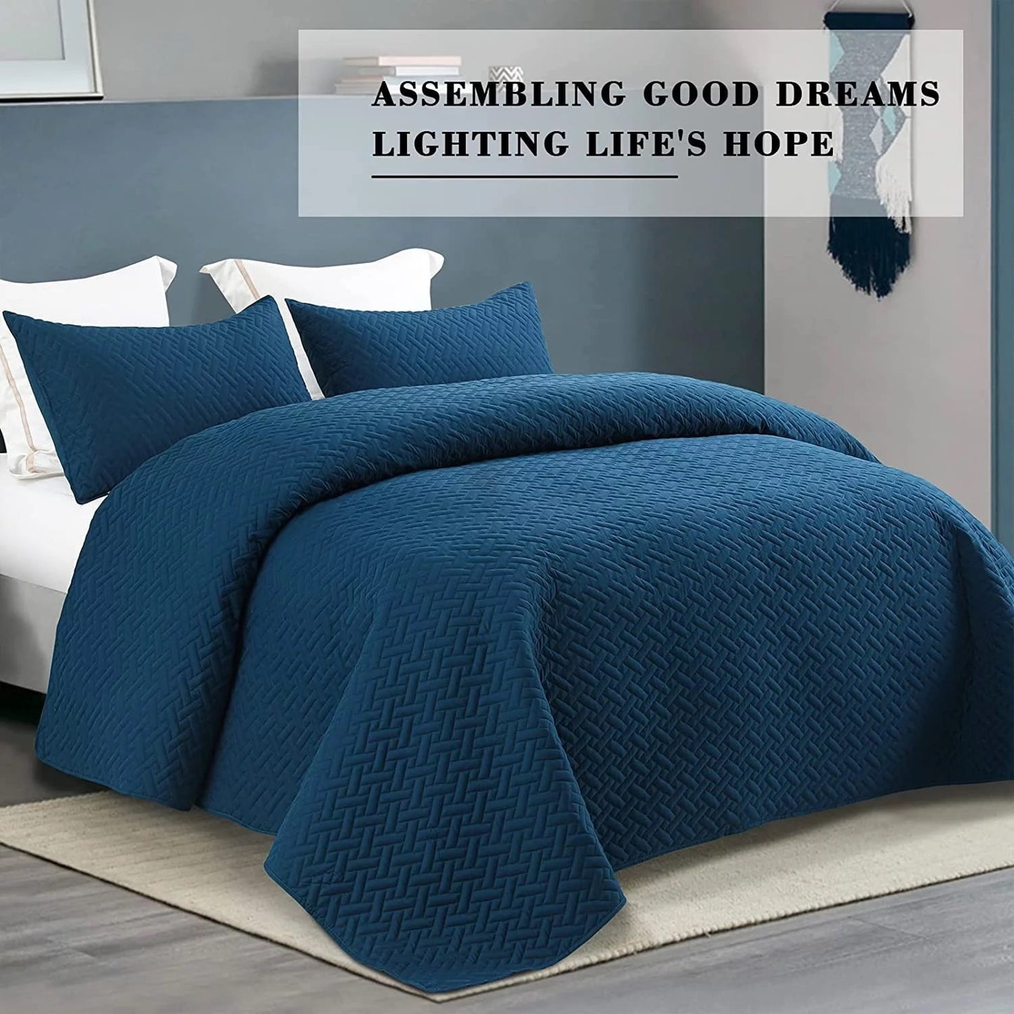 Exclusivo Mezcla 3-Piece King Size Quilt Set with Pillow Shams, Basket Quilted Bedspread/Coverlet/Bed Cover(96x104 inches, Dark Blue)-Soft, Lightweight and Reversible