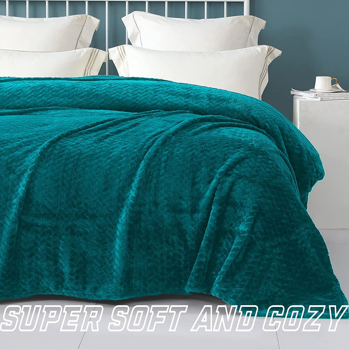Exclusivo Mezcla Queen Size Jacquard Weave Leaves Pattern Flannel Fleece Velvet Plush Bed Blanket for Couch Bed Sofa (90" x 90", Teal) - Soft, Lightweight, Warm and Cozy