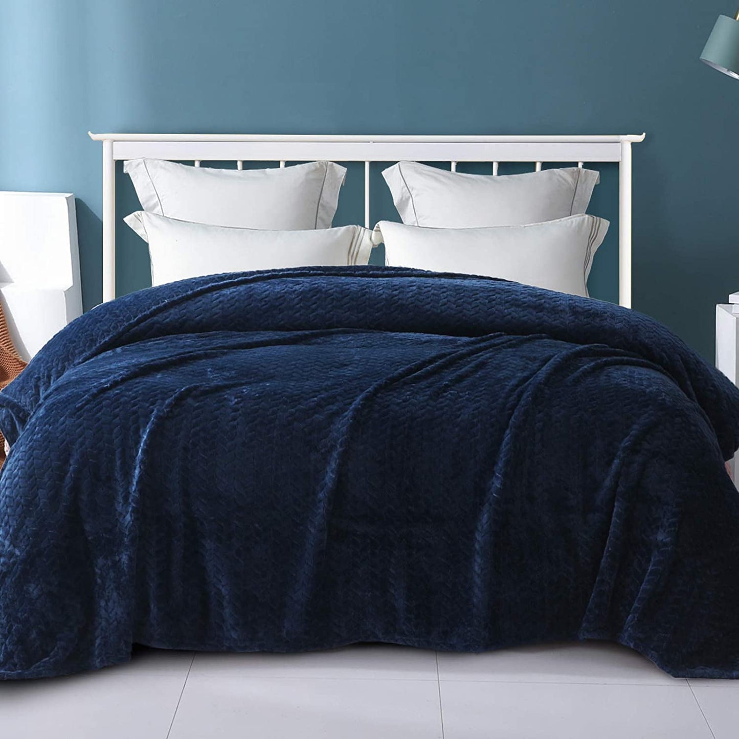 Exclusivo Mezcla King Size Jacquard Weave Leaves Pattern Flannel Fleece Velvet Plush Bed Blanket for Couch Bed Sofa (90" x 104", Navy Blue) - Soft, Lightweight, Warm and Cozy