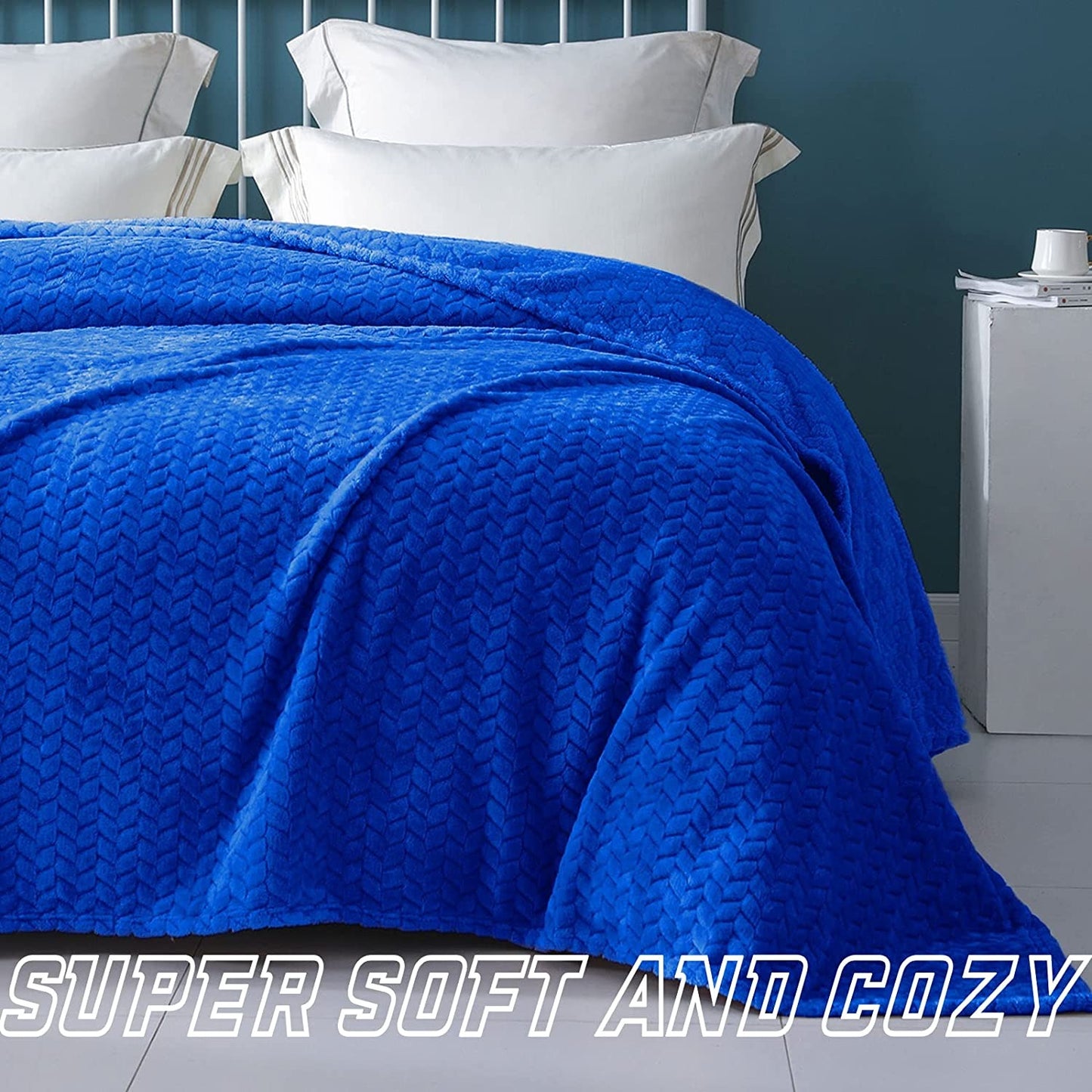 Exclusivo Mezcla Queen Size Flannel Fleece Blanket, 90x90 Inches Soft Jacquard Weave Leaves Pattern Velvet Plush Blanket for Bed, Cozy, Warm, Lightweight and Decorative Cobalt Blue Blanket
