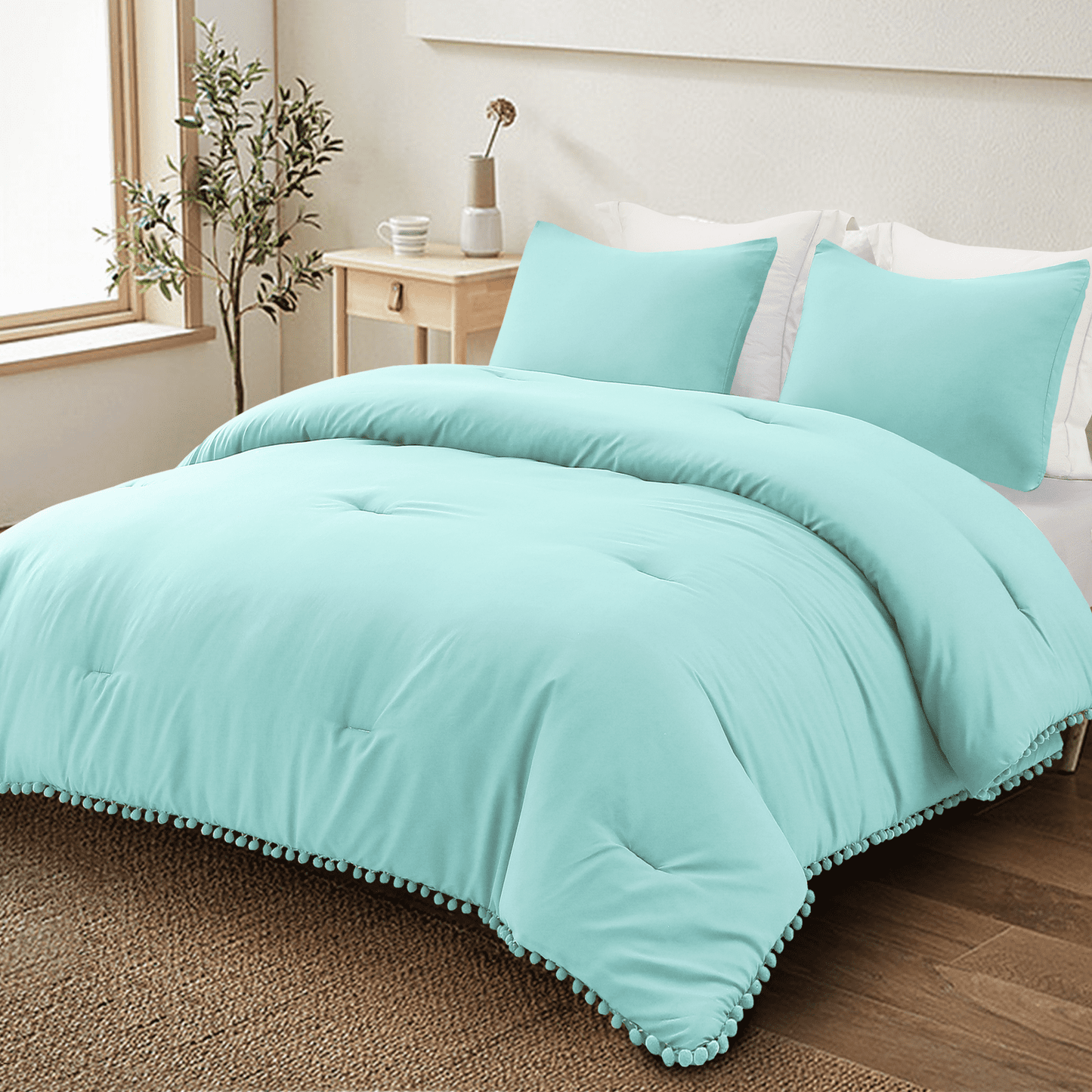 Exclusivo Mezcla Boho Pom Pom Ball Fringe King Size Comforter Set, 3 Piece Aqua Blue Lightweight Down Alternative Bedding Comforter Sets for All Seasons (1 Comforter and 2 Pillowcases)