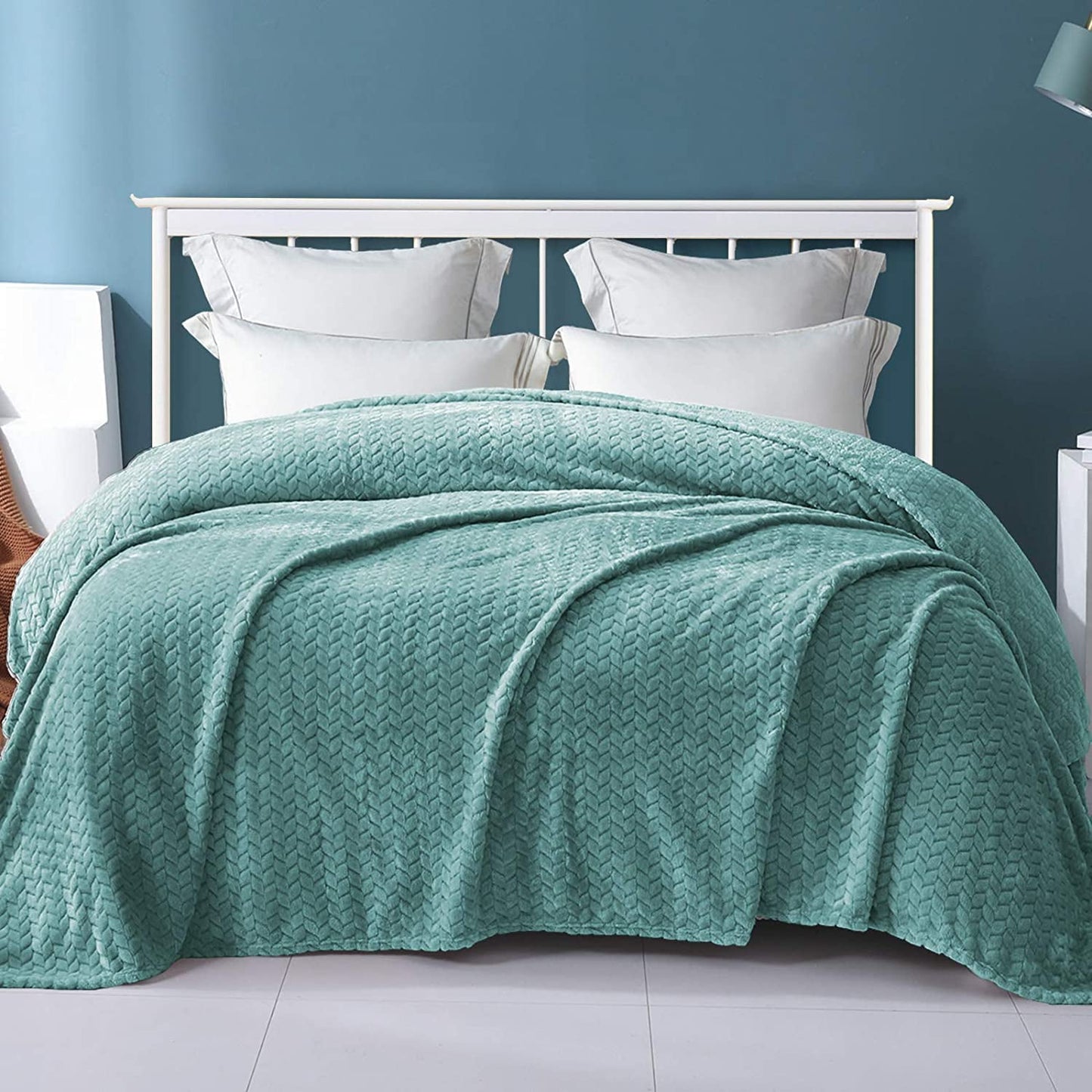 Exclusivo Mezcla Queen Size Jacquard Weave Leaves Pattern Flannel Fleece Velvet Plush Bed Blanket for Couch Bed Sofa (90" x 90", Celadon) - Soft, Lightweight, Warm and Cozy
