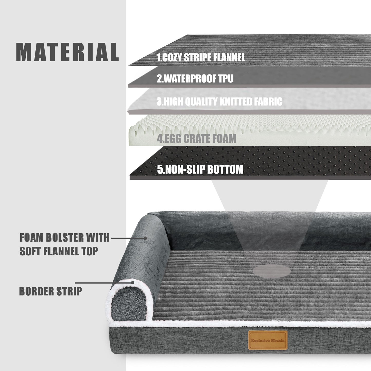 Exclusivo Mezcla Orthopedic Pet Bed for Medium Dogs, 36"X24" Waterproof L Shaped Sofa Dog Bed, Gray