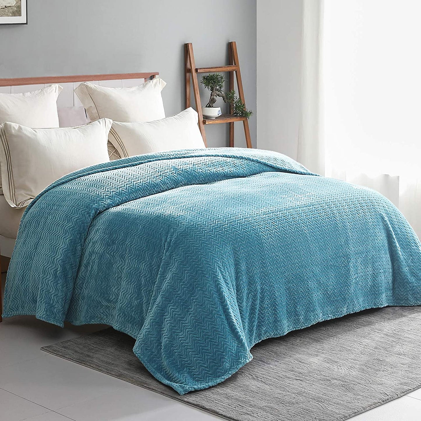 Exclusivo Mezcla Queen Size Jacquard Weave Wave Pattern Flannel Fleece Velvet Plush Bed Blanket as Bedspread/Coverlet/Bed Cover (90" x 90", Slate Blue) - Soft, Lightweight, Warm and Cozy