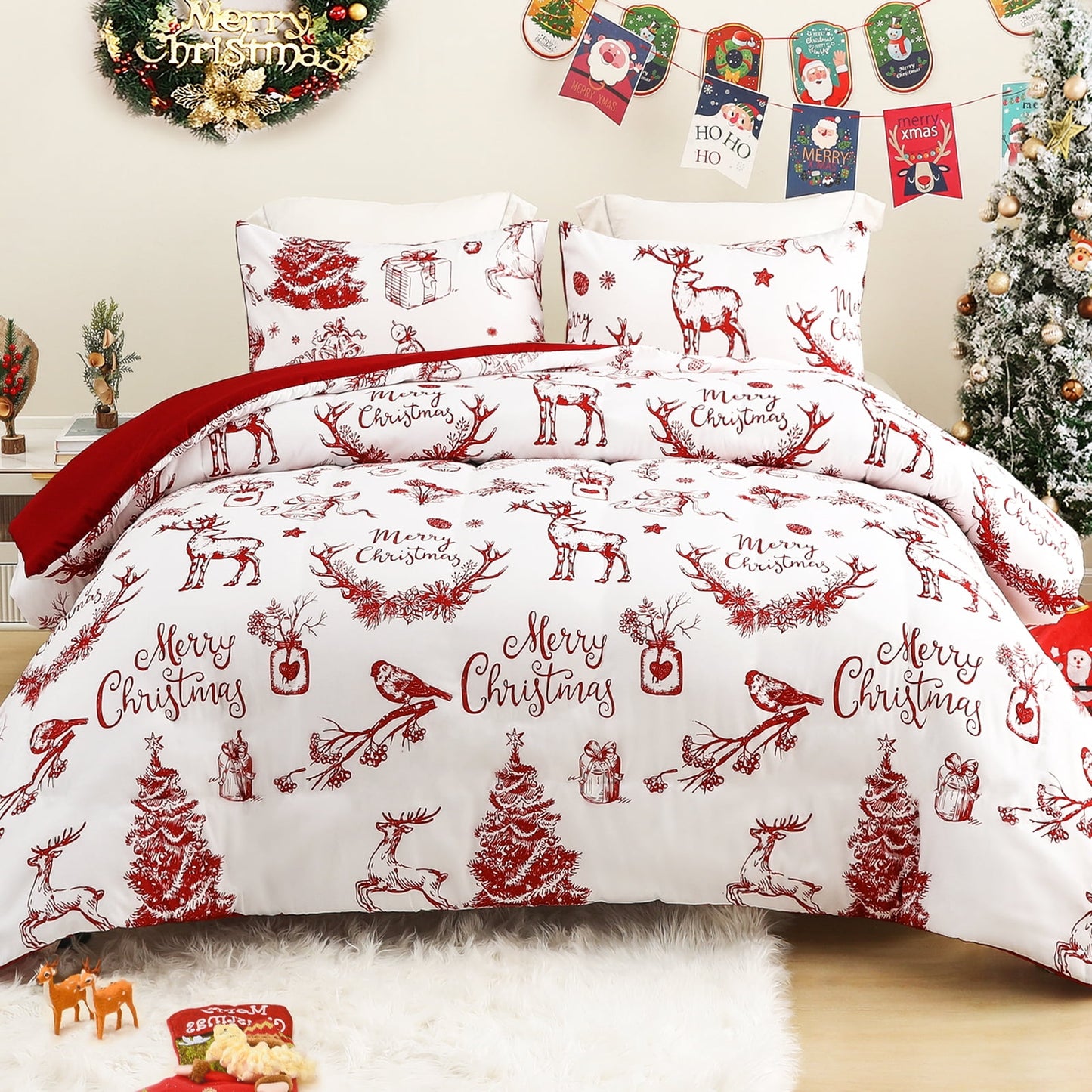 Exclusivo Mezcla Christmas Comforter Set King Size, Reversible White and Rust Red Down Alternative Comforter Sets, Printed with Christmas Reindeer Wreaths Pattern, for Holiday Decoration and Gifts