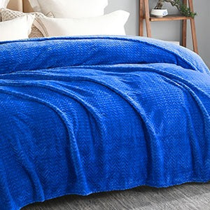 Exclusivo Mezcla Twin Size Jacquard Weave Wave Pattern Flannel Fleece Velvet Plush Bed Blanket as Bedspread/Coverlet/Bed Cover (90" x 66",Cobalt Blue) - Soft, Lightweight, Warm and Cozy