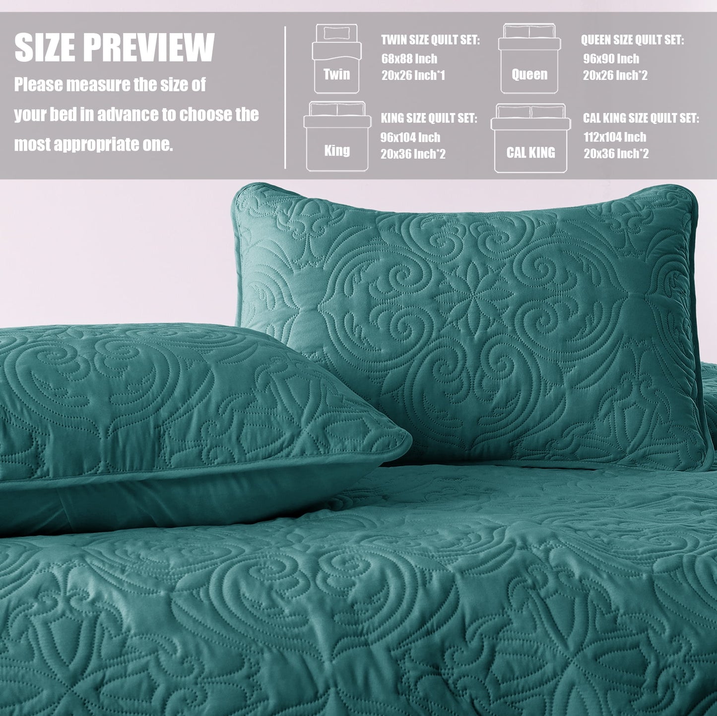 Exclusivo Mezcla King Quilt Bedding Set, Lightweight Vintage King Size Quilts with Pillow Shams, Soft Bedspreads Coverlets for All Seasons, (104"x96", Teal)
