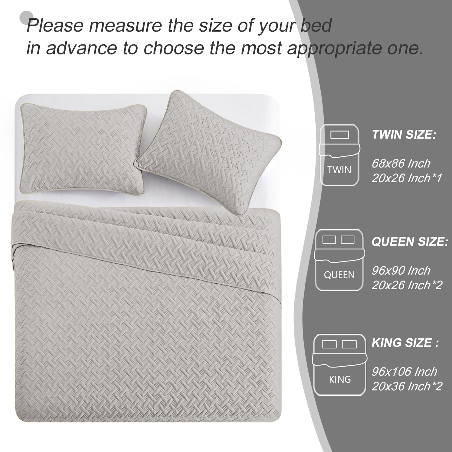 Exclusivo Mezcla 3-Piece Light Gray King Size Quilt Set, Weave Pattern Ultrasonic Lightweight and Soft Quilts/Bedspreads/Coverlets/Bedding Set (1 Quilt, 2 Pillow Shams) for All Seasons