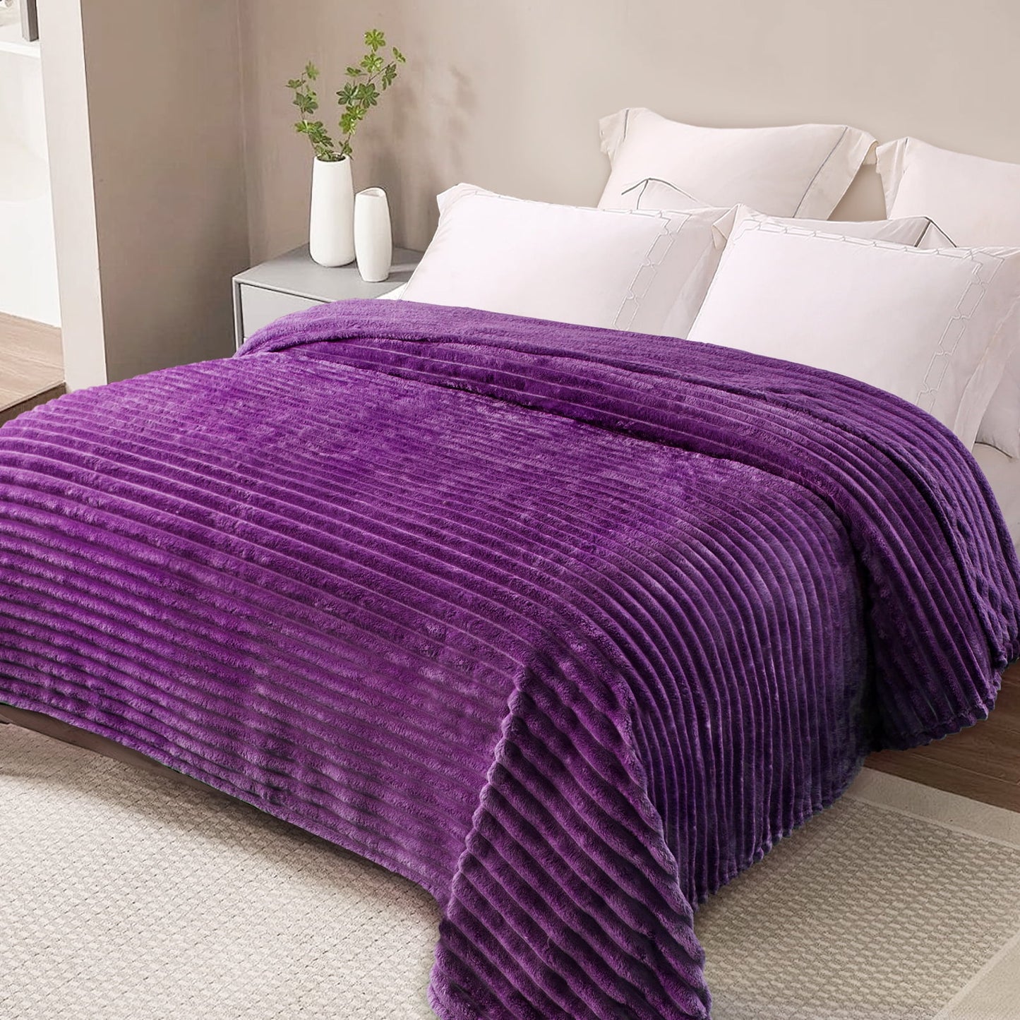 Exclusivo Mezcla Queen Size Flannel Fleece Blanket, Super Soft 3D Striped Jacquard Bed Blanket, Lightweight Fuzzy Cozy Blankets for All Seasons, 90x90 Inches, Purple Blanket