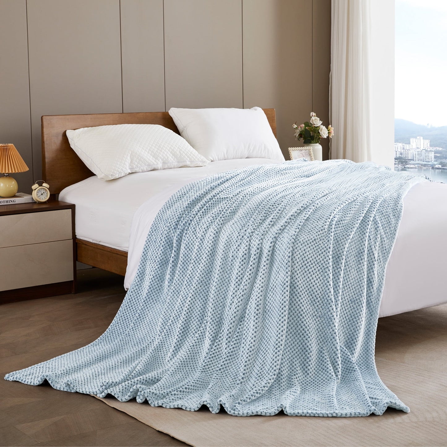 Exclusivo Mezcla Waffle Textured Soft Fleece Blanket, Queen Size Bed Blanket, Cozy Warm and Lightweight (Mixed Slate Blue, 90x90 inches)