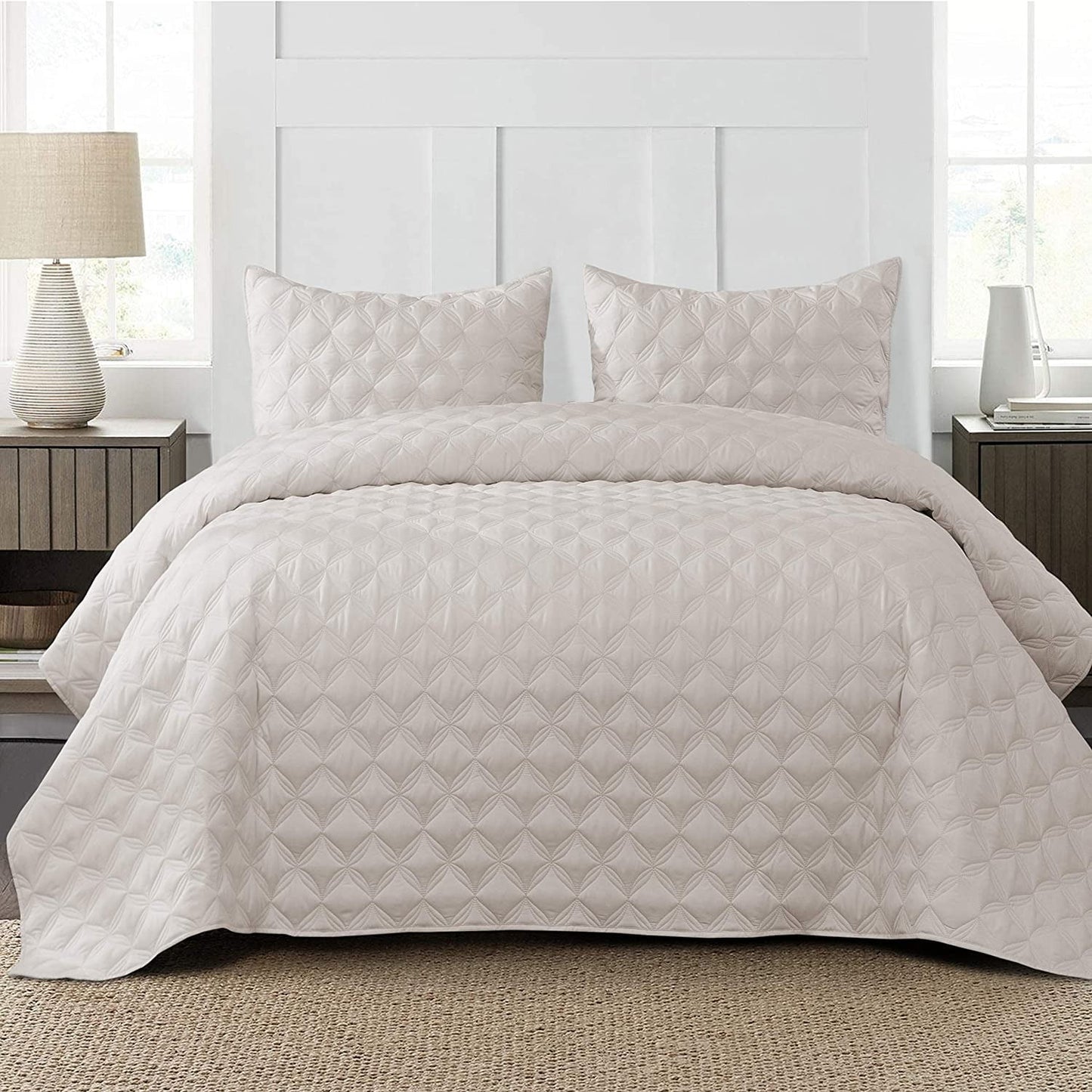 Exclusivo Mezcla Bed Quilt Set Twin Size for All Seasons, Stitched Pattern Quilted Bedspread/ Bedding Set/ Coverlet with 1 Pillow sham, Lightweight and Soft, Brich Beige