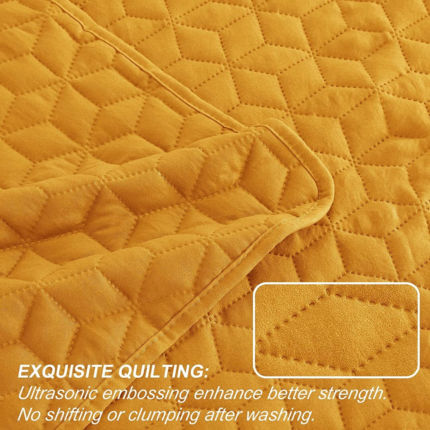 Exclusivo Mezcla 3-Piece Yellow King Size Quilt Set, Diamond Pattern Ultrasonic Lightweight and Soft Quilts/Bedspreads/Coverlets/Bedding Set (1 Quilt, 2 Pillow Shams) for All Seasons