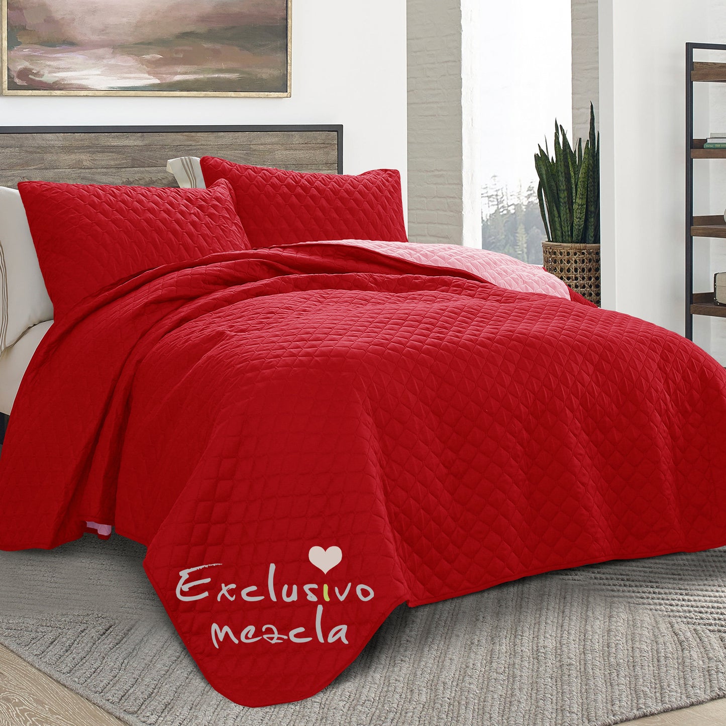 Exclusivo Mezcla Ultrasonic Reversible King Size Quilt Bedding Set with Pillow Shams, Lightweight Quilts King Size, Soft Bedspreads Bed Coverlets for All Seasons - (Red, 104"x96")