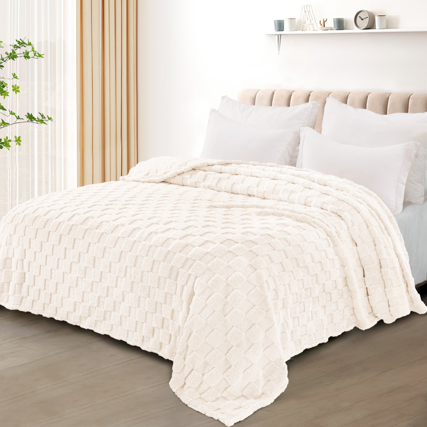Exclusivo Mezcla Twin Size Flannel Fleece Blanket, Super Soft 3D Checkered Jacquard Bed Blanket, Cozy Fluffy Lightweight Blanket for All Seasons, 60x80 Inches, Ivory Blanket