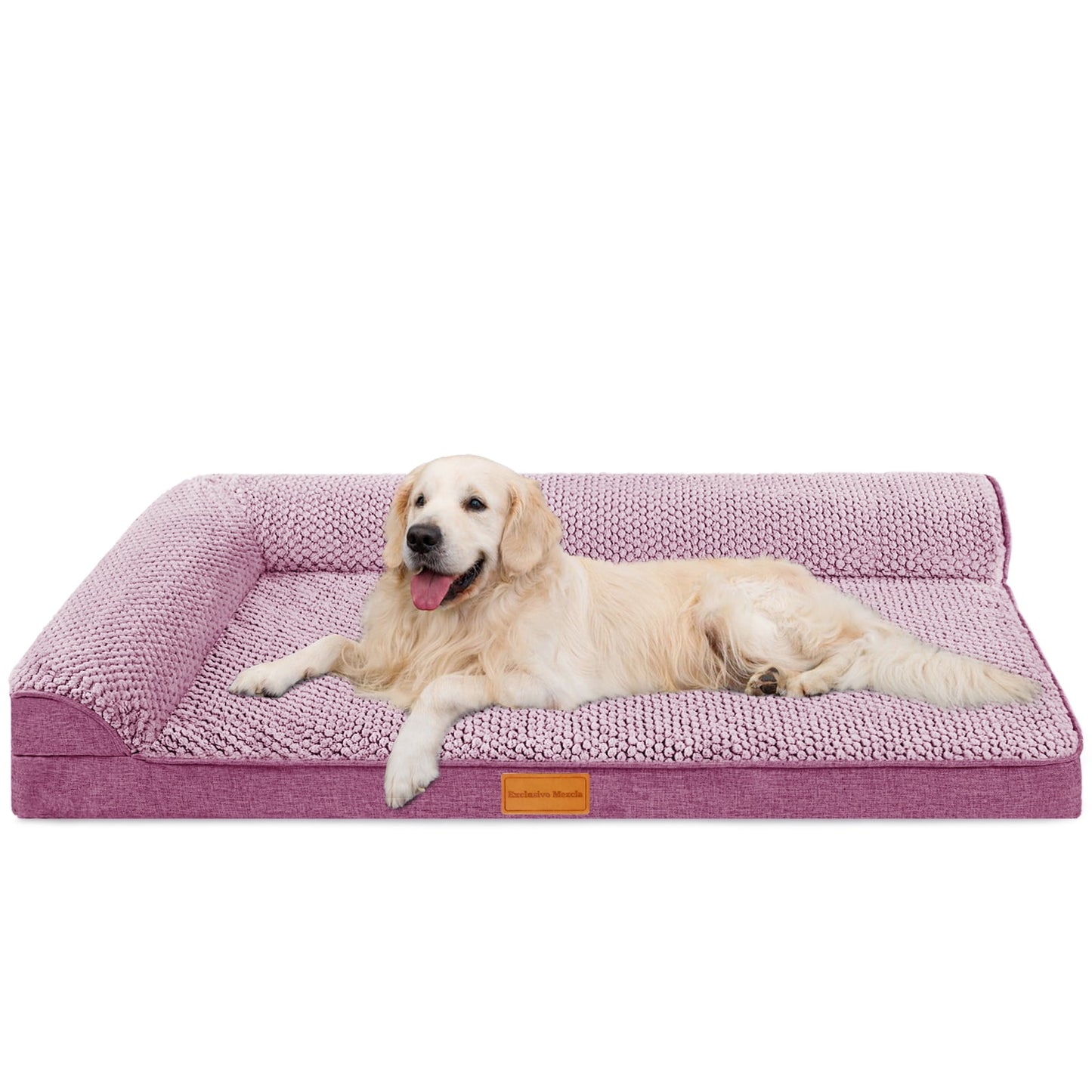 Exclusivo Mezcla Jacquard Orthopedic Pet Bed for Large Dogs, 42"X28" Waterproof L Shaped Dog Bed with Washable Cover, Purple