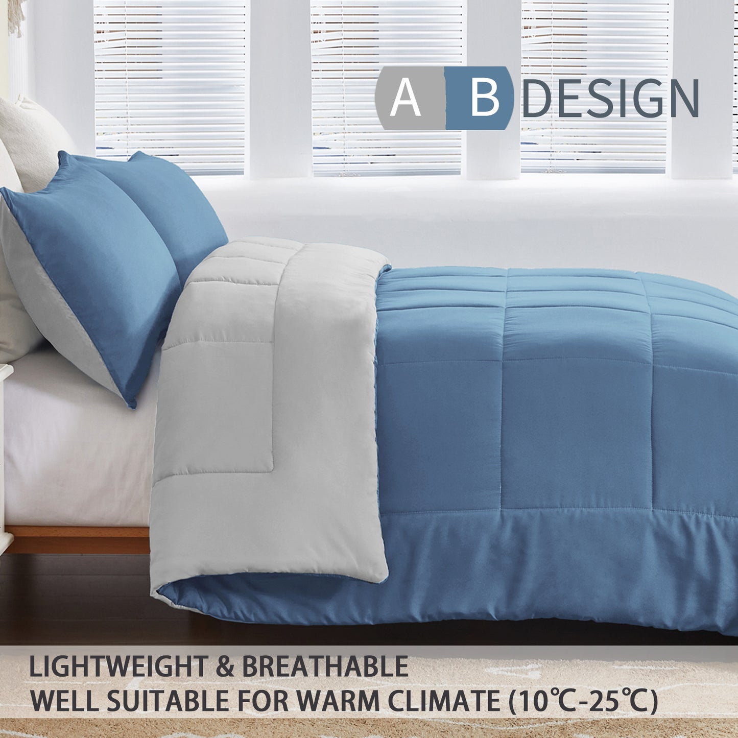 Exclusivo Mezcla Lightweight Reversible 3-Piece Comforter Set All Seasons, Down Alternative Comforter with 2 Pillow Shams, Queen Size, Bluish Grey/Light Grey