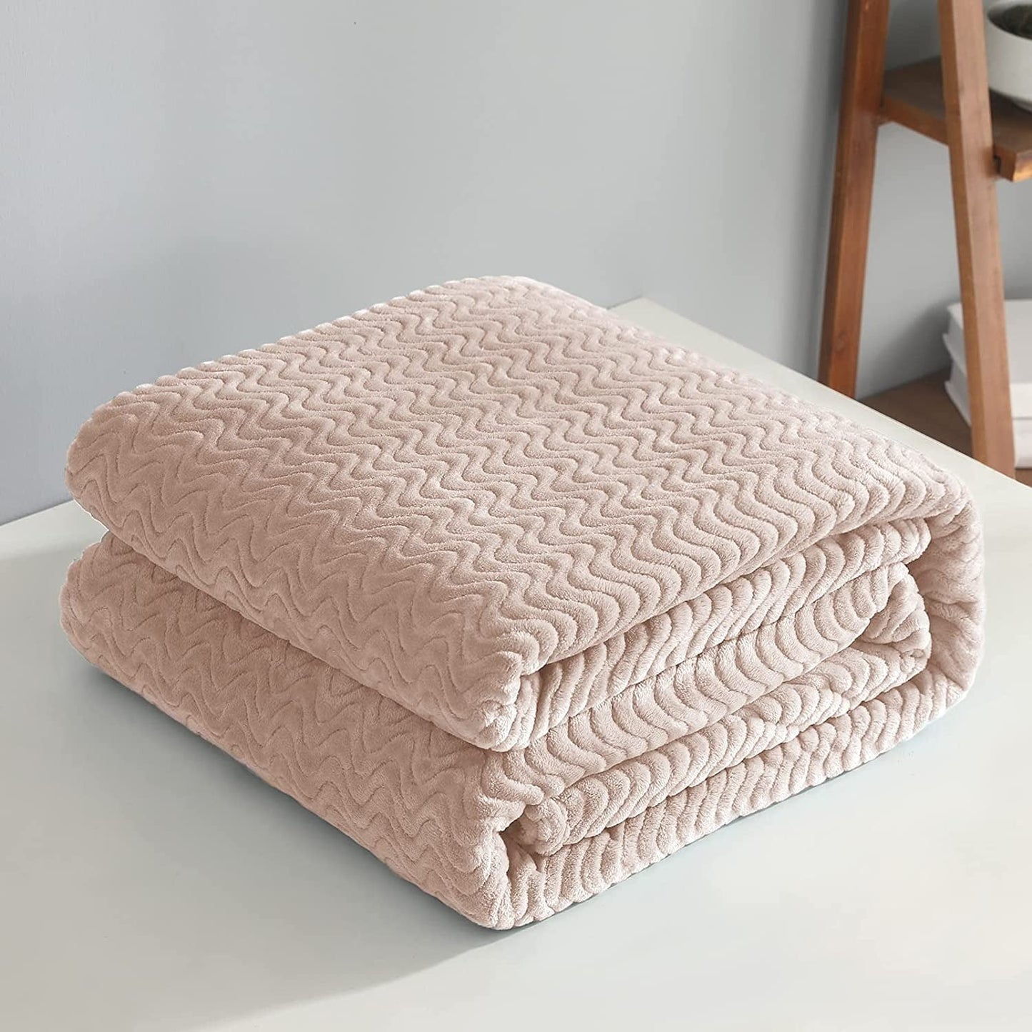 Exclusivo Mezcla Queen Size Jacquard Weave Wave Pattern Flannel Fleece Velvet Plush Bed Blanket as Bedspread/Coverlet/Bed Cover (90" x 90",Camel) - Soft, Lightweight, Warm and Cozy