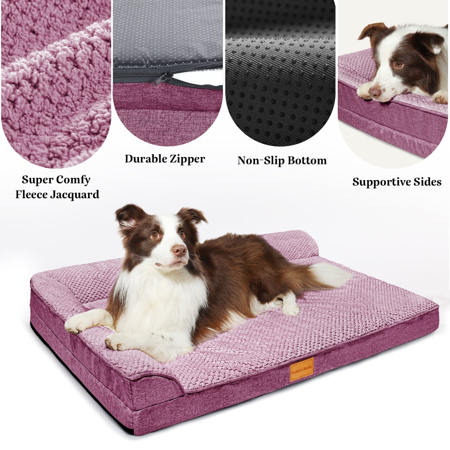 Exclusivo Mezcla Jacquard Orthopedic Pet Bed for Large Dogs, 42"X28" Waterproof L Shaped Dog Bed with Washable Cover, Purple
