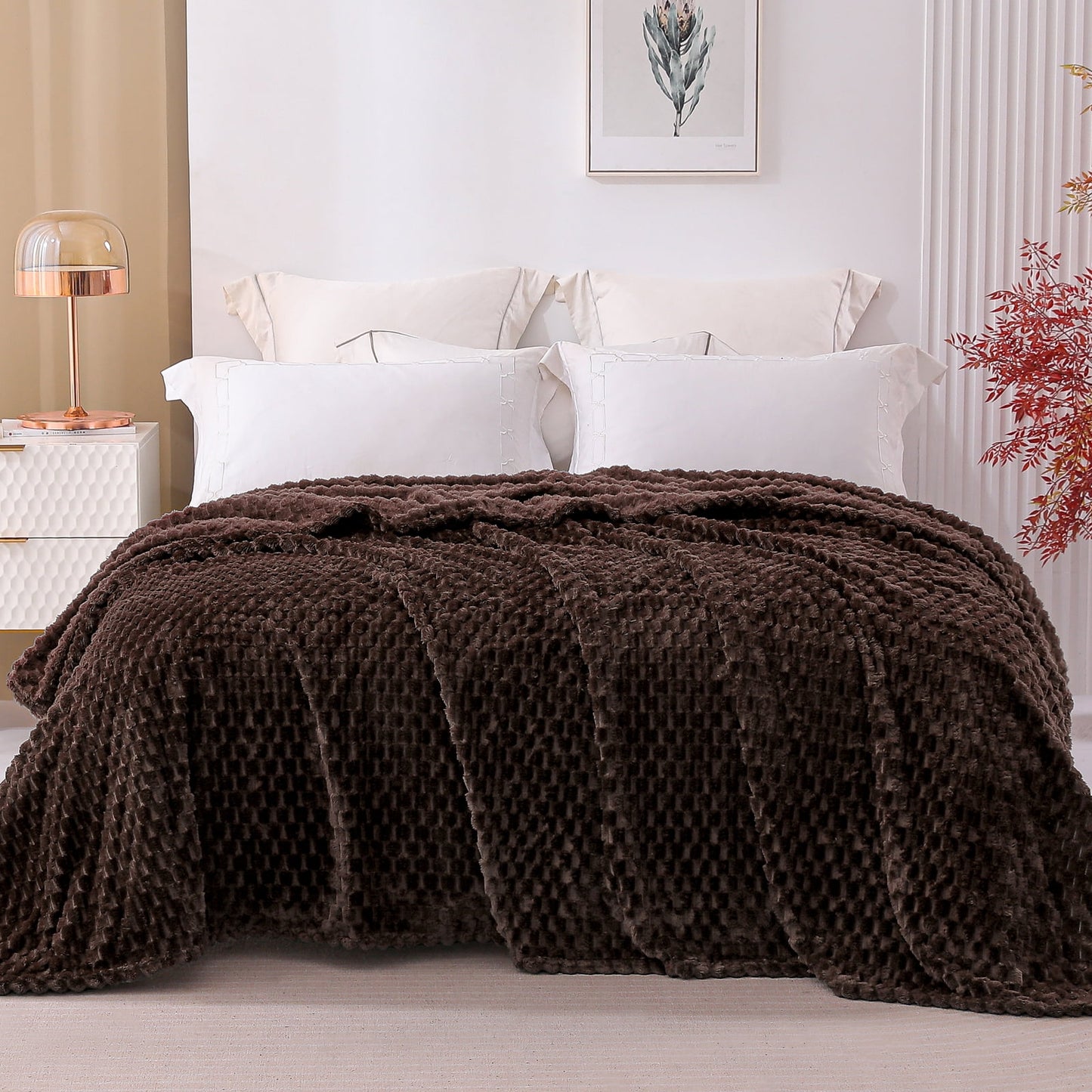 Exclusivo Mezcla King Size Soft Fleece Blanket, 90x104 Inches 3D Clouds Stylish Jacquard Velvet Blanket for Bed, Cozy Soft Lightweight for All Season, Coffee Blanket
