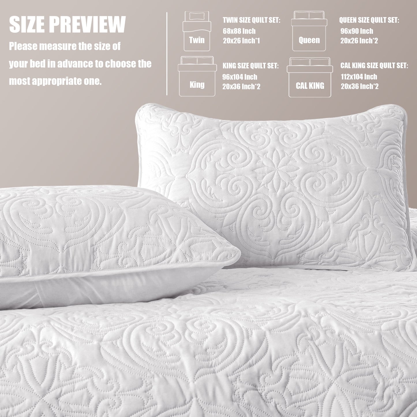 Exclusivo Mezcla Oversized King Quilt Bedding Set, Lightweight Vintage California Cal King Size Quilts with Pillow Shams, Soft Bedspreads Coverlets for All Seasons, (112"x104", White)