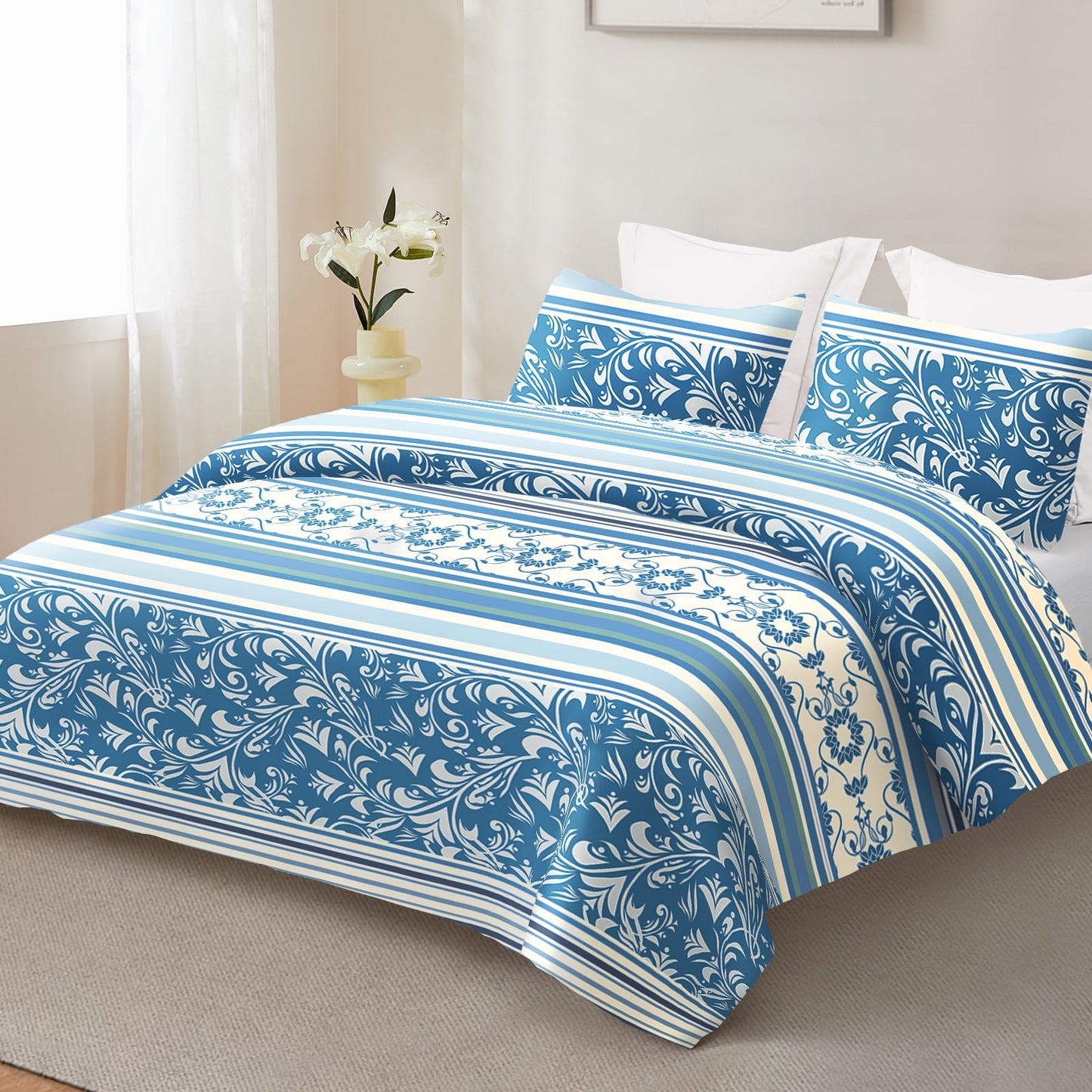 Exclusivo Mezcla 3-Piece Boho Striped Queen Size Comforter Set, Microfiber Bedding Down Alternative Comforter for All Seasons with 2 Pillow Shams, Blue