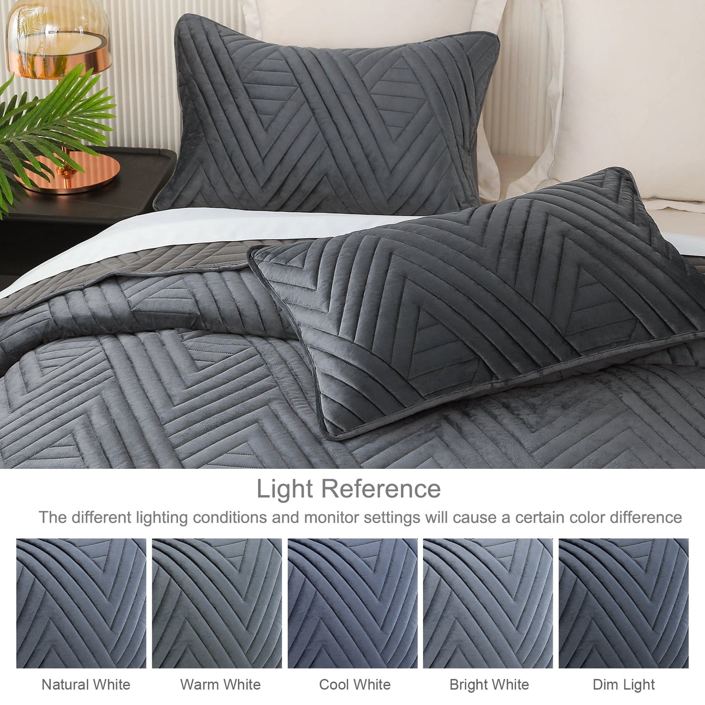 Exclusivo Mezcla Super Plush Velvet Quilts Queen Size with Pillow Shams, Luxury Soft Reversible 3 Piece Bedspreads Coverlet Comforter set for all seasons, Lightweight and Warm, Dark Grey