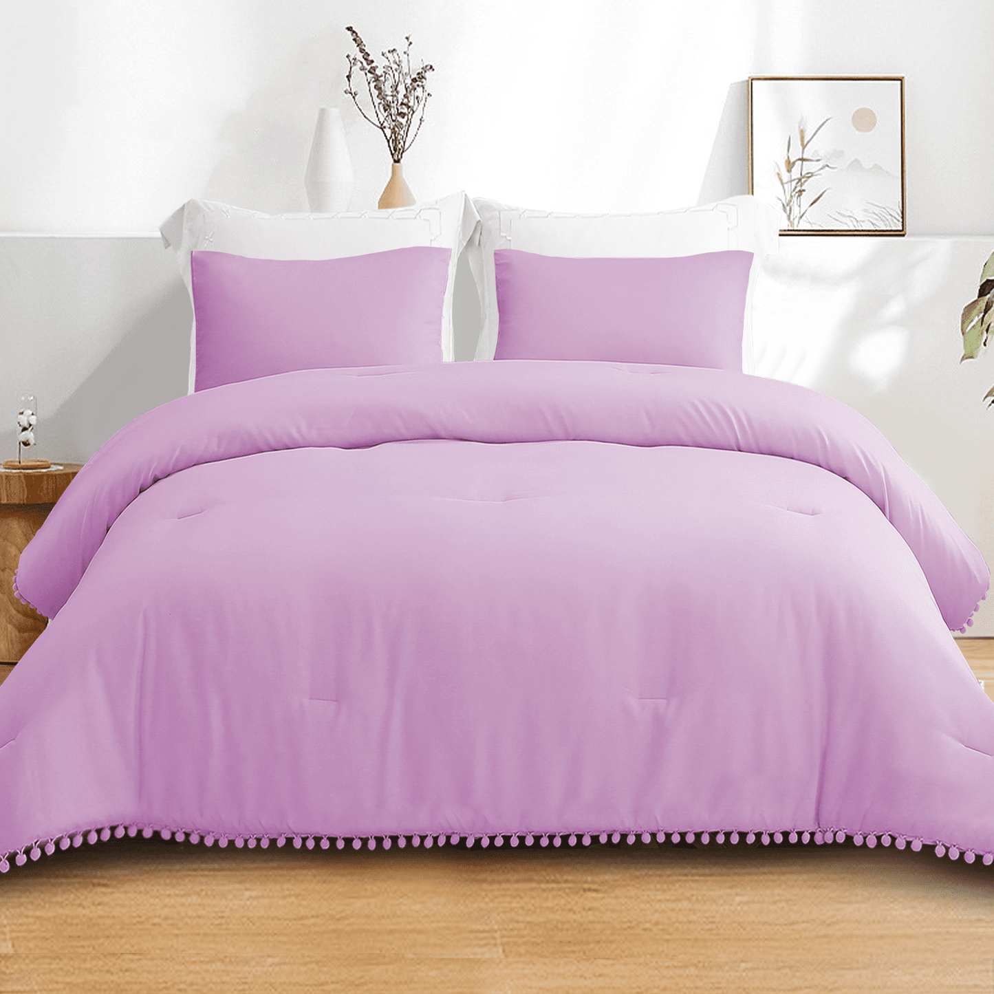 Exclusivo Mezcla Boho Pom Pom Ball Fringe King Size Comforter Set, 3 Piece Lilac Lightweight Down Alternative Bedding Comforter Sets for All Seasons (1 Comforter and 2 Pillowcases)