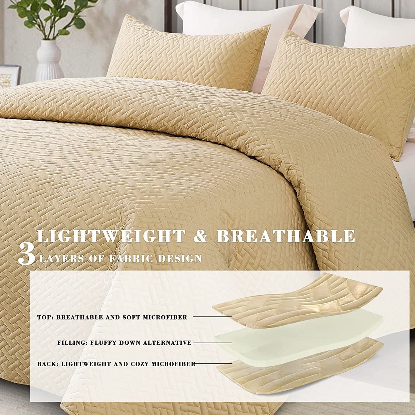 Exclusivo Mezcla 3-Piece King Size Quilt Set with Pillow Shams, Basket Quilted Bedspread/Coverlet/Bed Cover(96x104 inches, Camel)-Soft, Lightweight and Reversible
