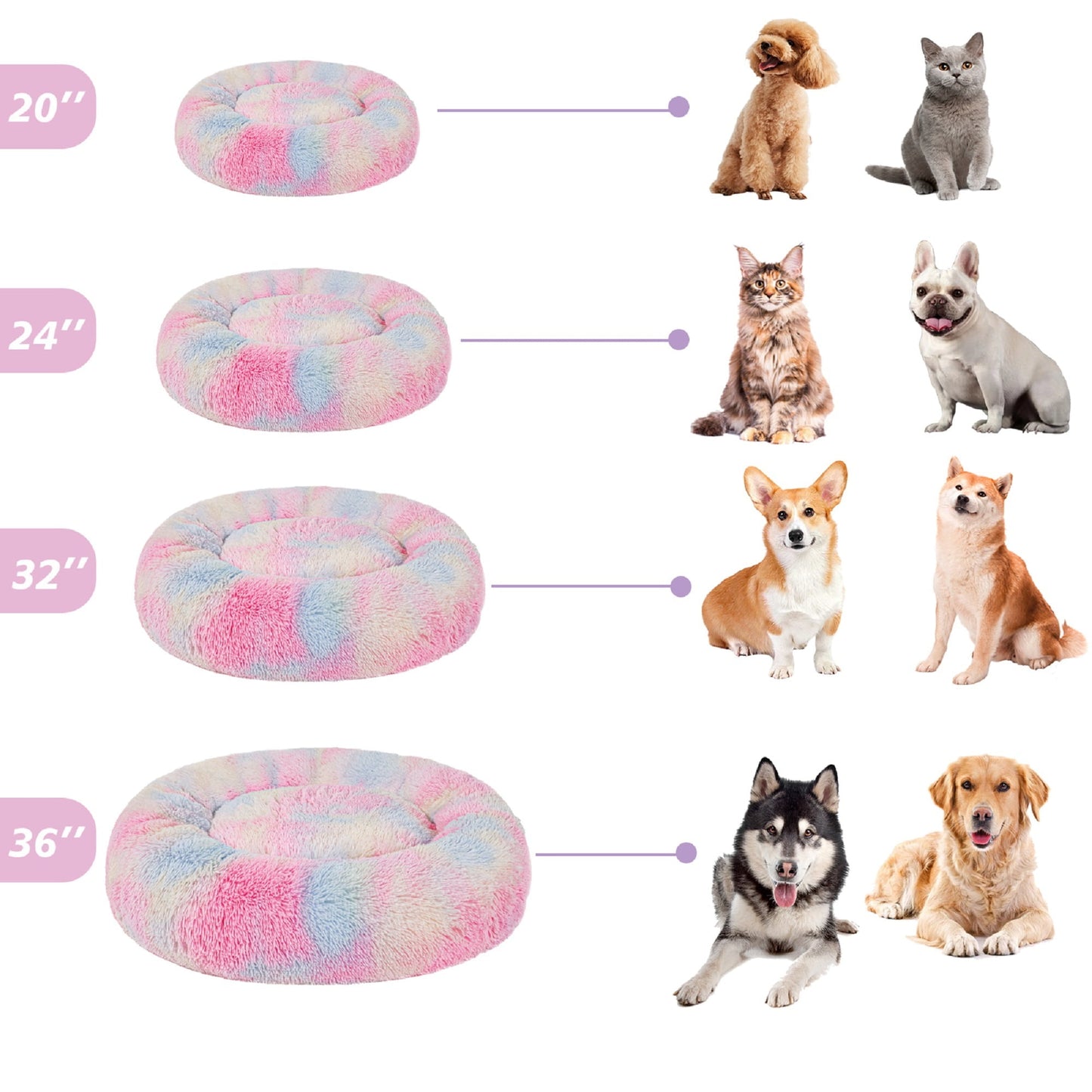 Exclusivo Mezcla Calming Donut Pet Bed for Medium Dogs 32", Anti-Anxiety Plush Cozy Warming Dog Bed, Pink Rainbow