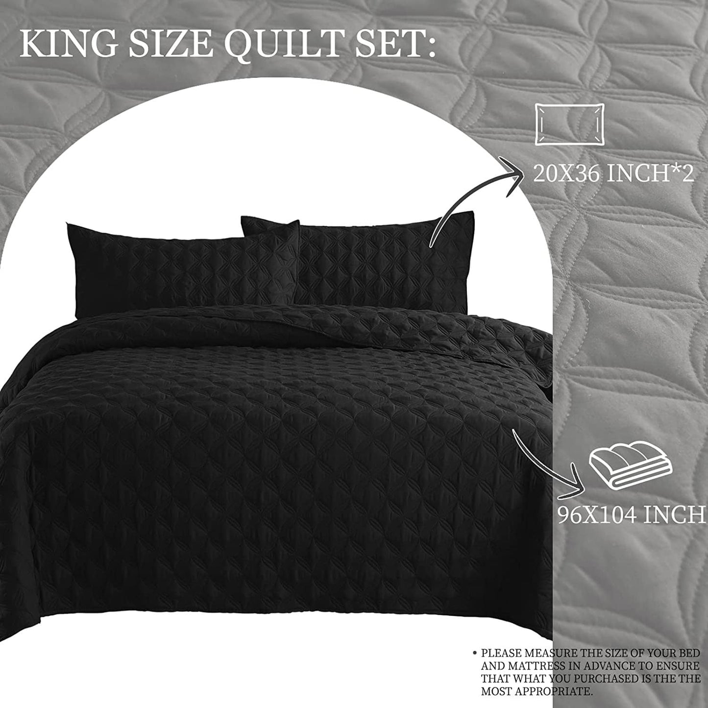 Exclusivo Mezcla Bed Quilt Set King Size for All Season, Stitched Pattern Quilted Bedspread/ Bedding Set/ Coverlet with 2 Pillow shams, Lightweight and Soft, Black