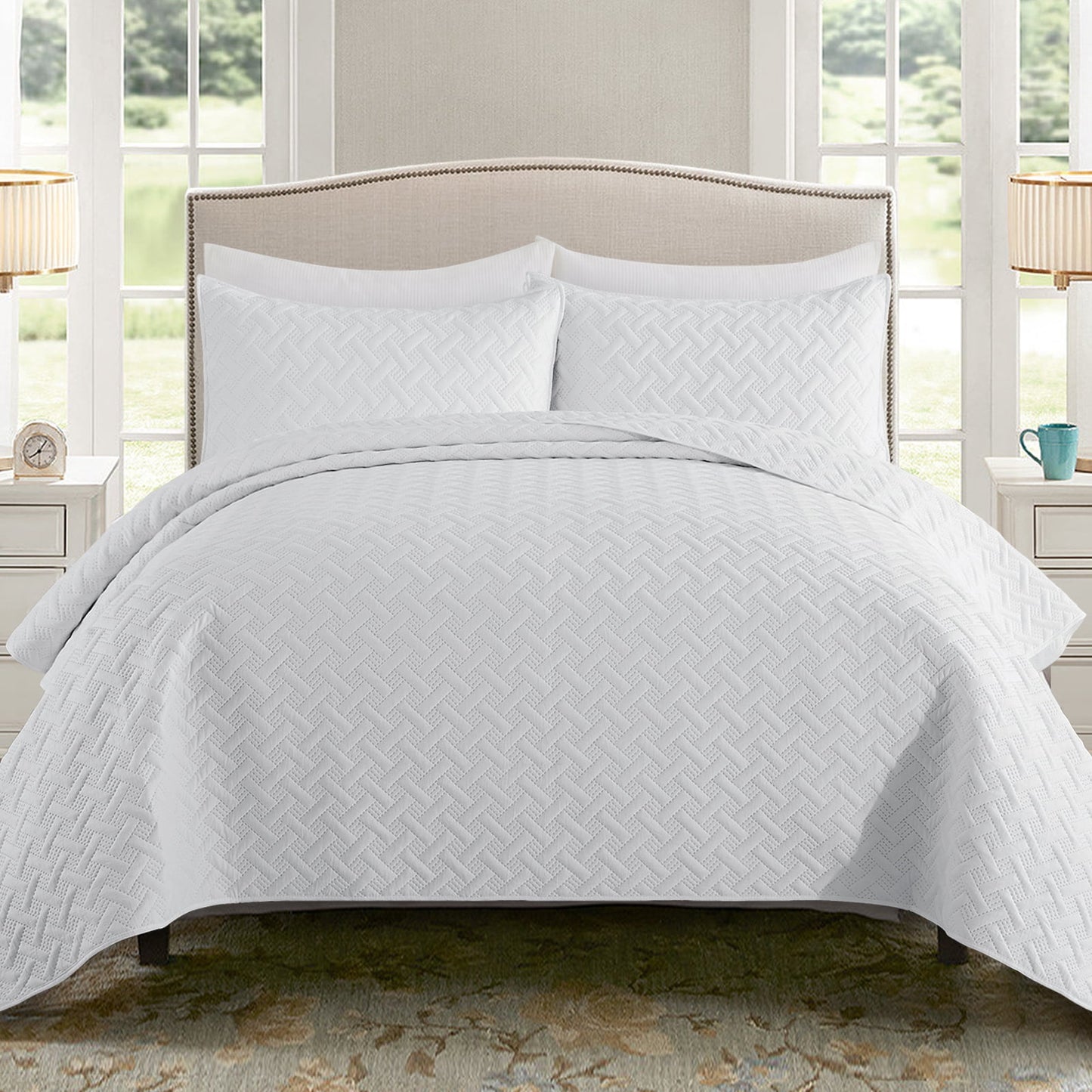 Exclusivo Mezcla 3-Piece White Queen Size Quilt Set, Weave Pattern Ultrasonic Lightweight and Soft Quilts/Bedspreads/Coverlets/Bedding Set (1 Quilt, 2 Pillow Shams) for All Seasons