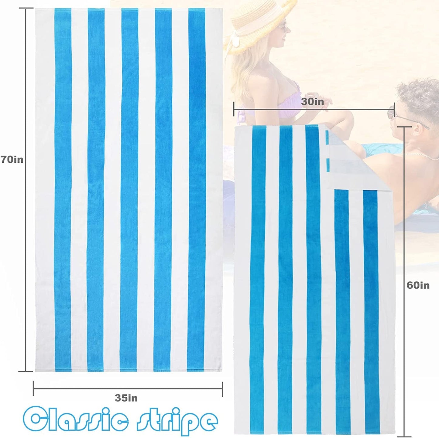 Exclusivo Mezcla 2-Pack Cotton Oversized 35"x70" Cabana Stripe Beach Towels, Super Absorbent Soft Plush Pool Towel, Bath Towel (Blue)