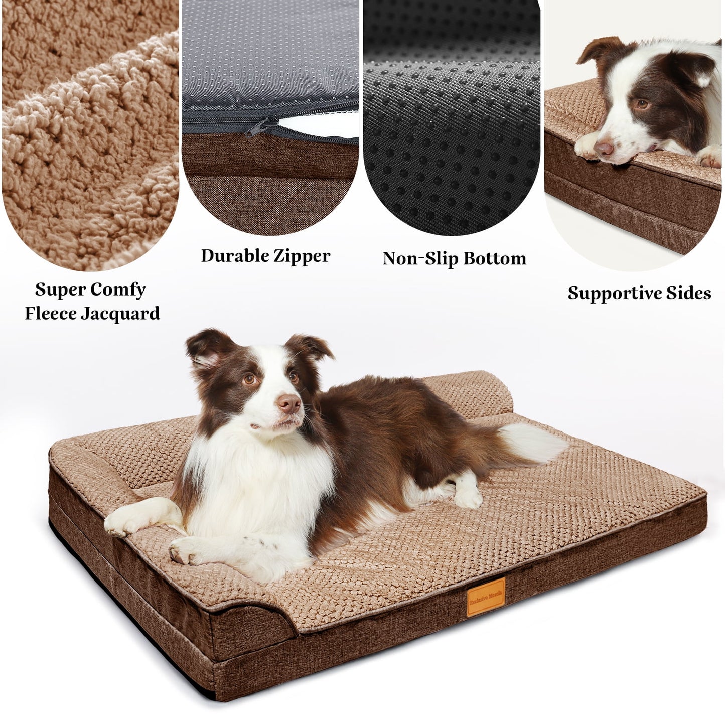 Exclusivo Mezcla Jacquard Orthopedic Pet Bed for Median Dogs, 30"X20" Waterproof L Shaped Dog Bed with Washable Cover, Brown