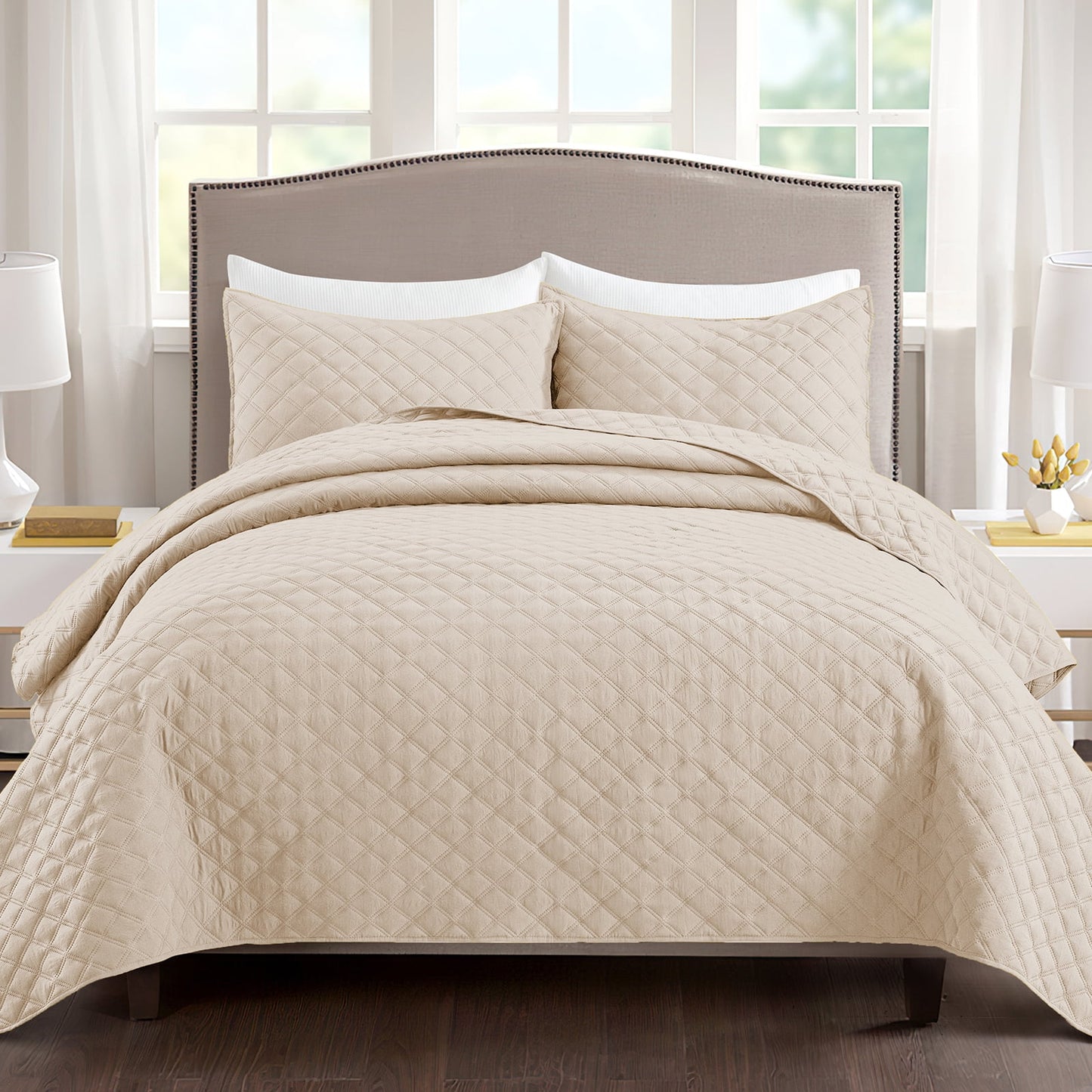 Exclusivo Mezcla 3-Piece Deep Purple Queen Size Quilt Set, Box Pattern Ultrasonic Lightweight and Soft Quilts/Bedspreads/Coverlets/Bedding Set (1 Quilt, 2 Pillow Shams) for All Seasons