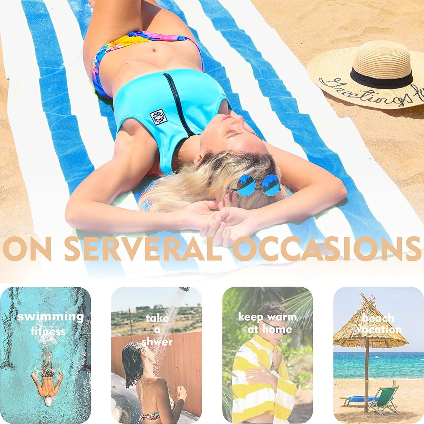 Exclusivo Mezcla 2-Pack Cotton Large Cabana Stripe Beach Towels, Super Absorbent Soft Plush Pool Towel, Bath Towel (Blue, 30"x60")