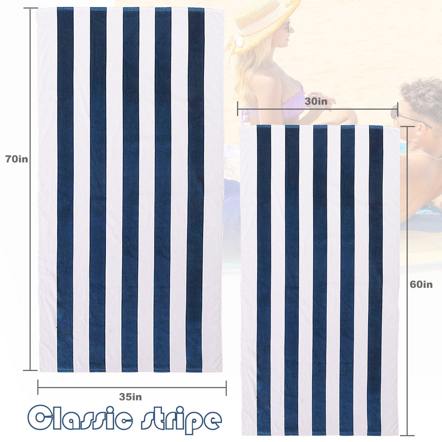 Exclusivo Mezcla 2-Pack 100% Cotton Large Cabana Stripe Beach Towels, Super Absorbent Soft Plush Pool Towel, Bath Towel (Dark Navy, 30"x60")