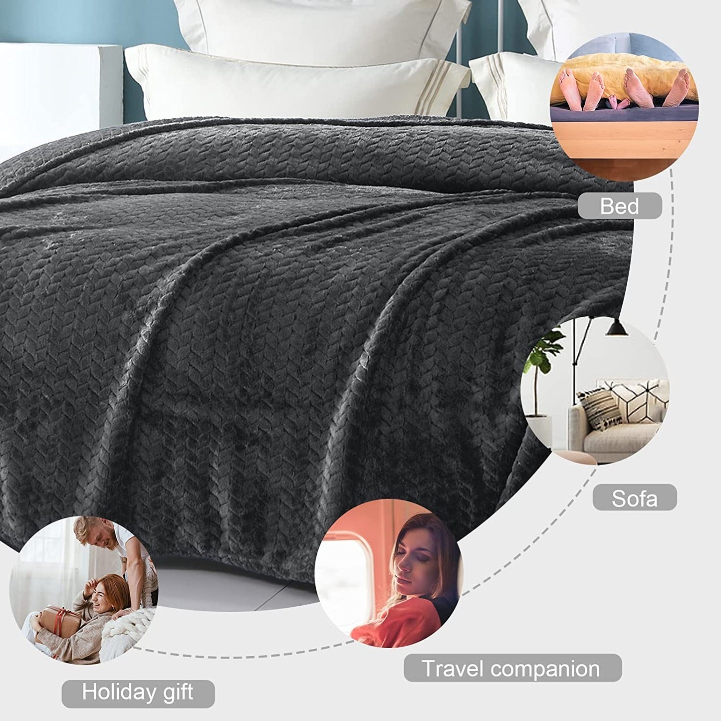 Exclusivo Mezcla Queen Size Jacquard Weave Leaves Pattern Flannel Fleece Velvet Plush Bed Blanket for Couch Bed Sofa (90" x 90", Grey) - Soft, Lightweight, Warm and Cozy
