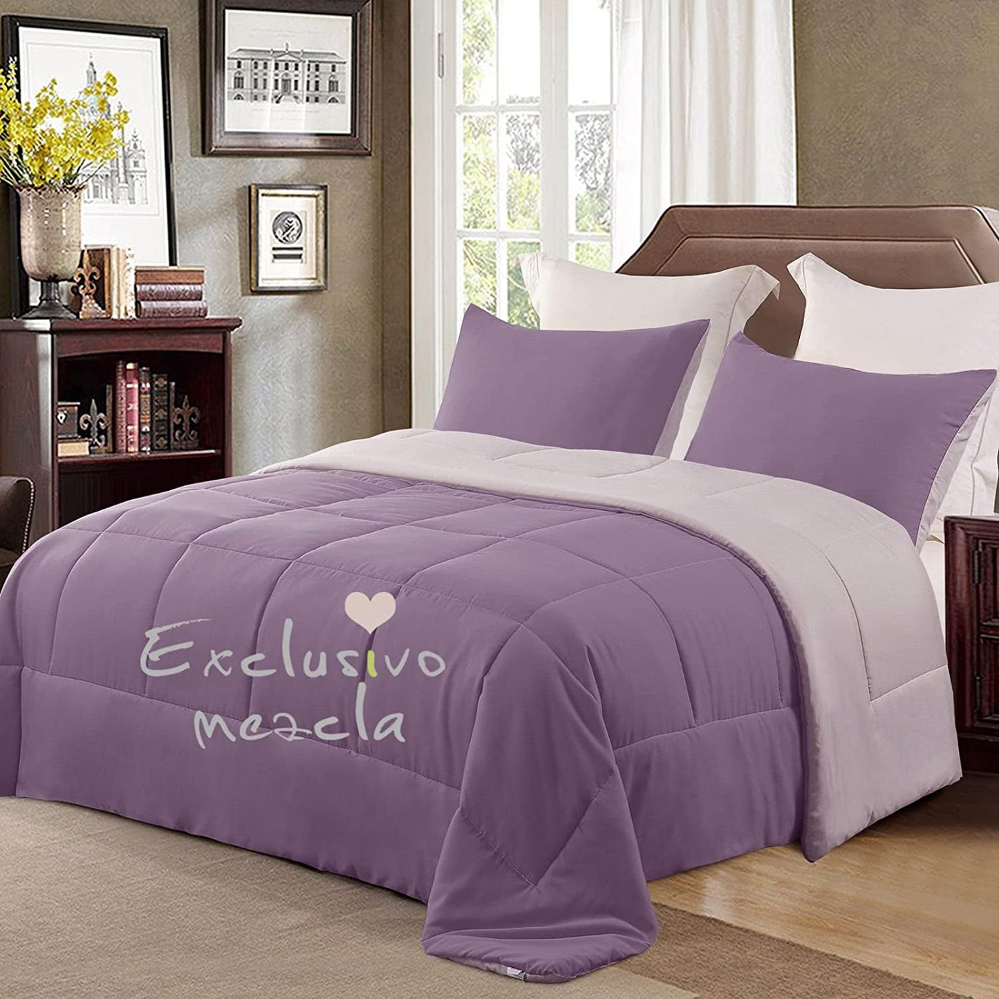Exclusivo Mezcla Lightweight Reversible 3-Piece Comforter Set All Seasons, Down Alternative Comforter with 2 Pillow Shams, King Size, Dusty Lavender/ Lilac Ash