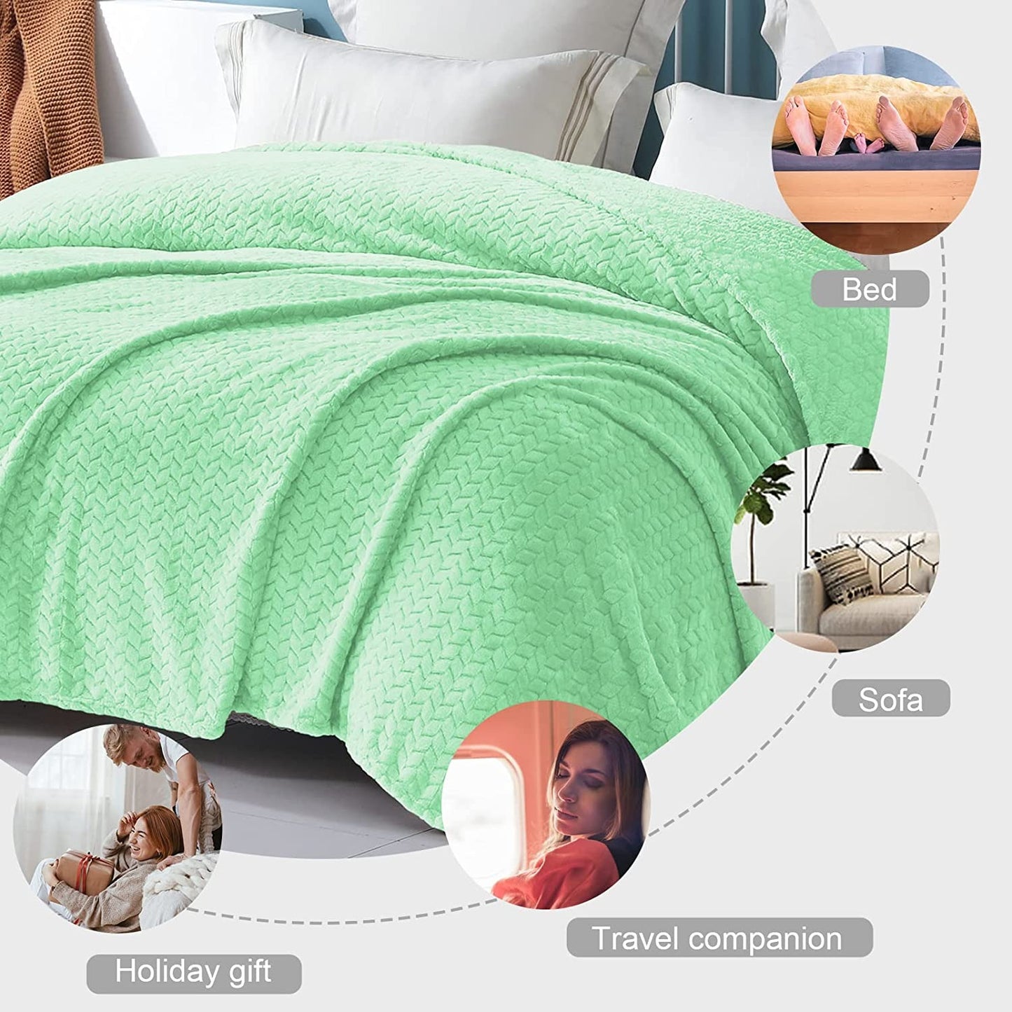 Exclusivo Mezcla King Size Flannel Fleece Blanket, 90x104 Inches Soft Jacquard Weave Leaves Pattern Velvet Plush Blanket for Bed, Cozy, Warm, Lightweight and Decorative Mint Blanket