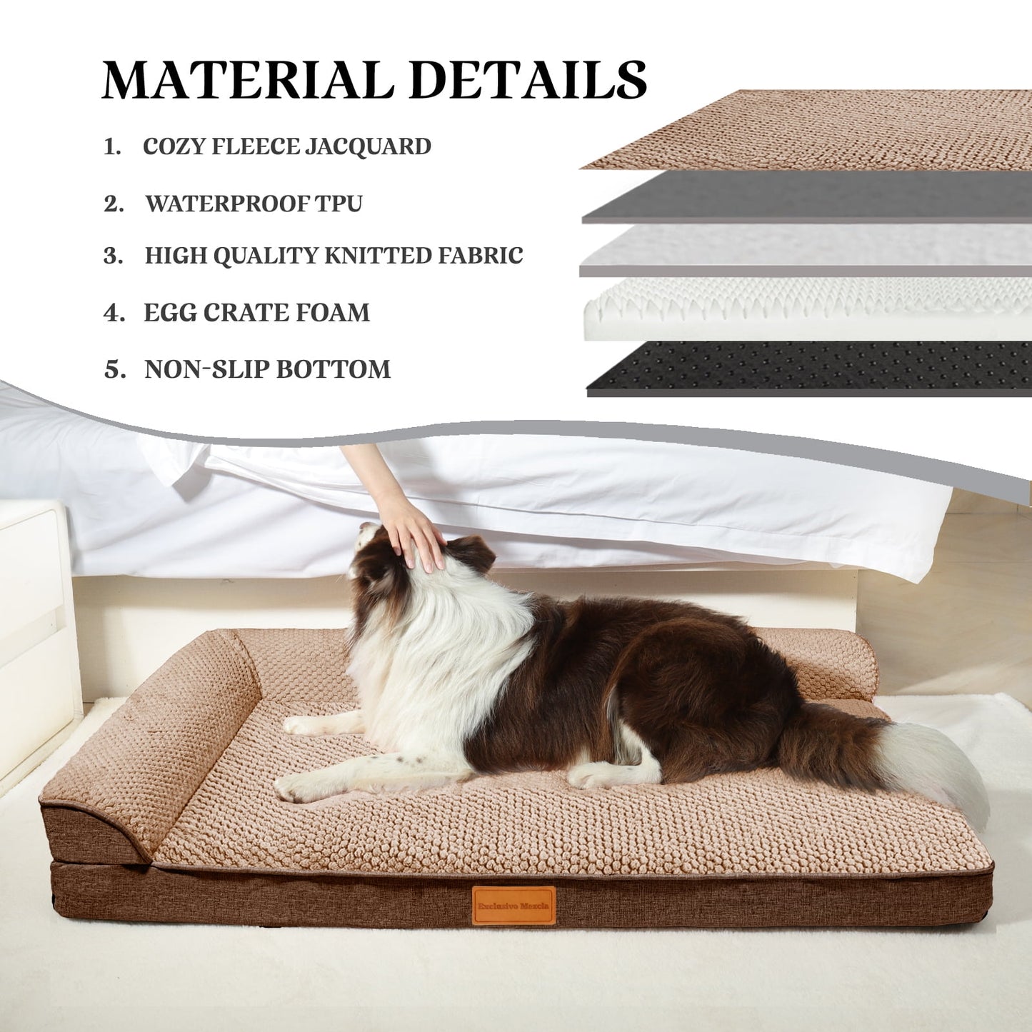 Exclusivo Mezcla Jacquard Orthopedic Pet Bed for Median Dogs, 30"X20" Waterproof L Shaped Dog Bed with Washable Cover, Brown