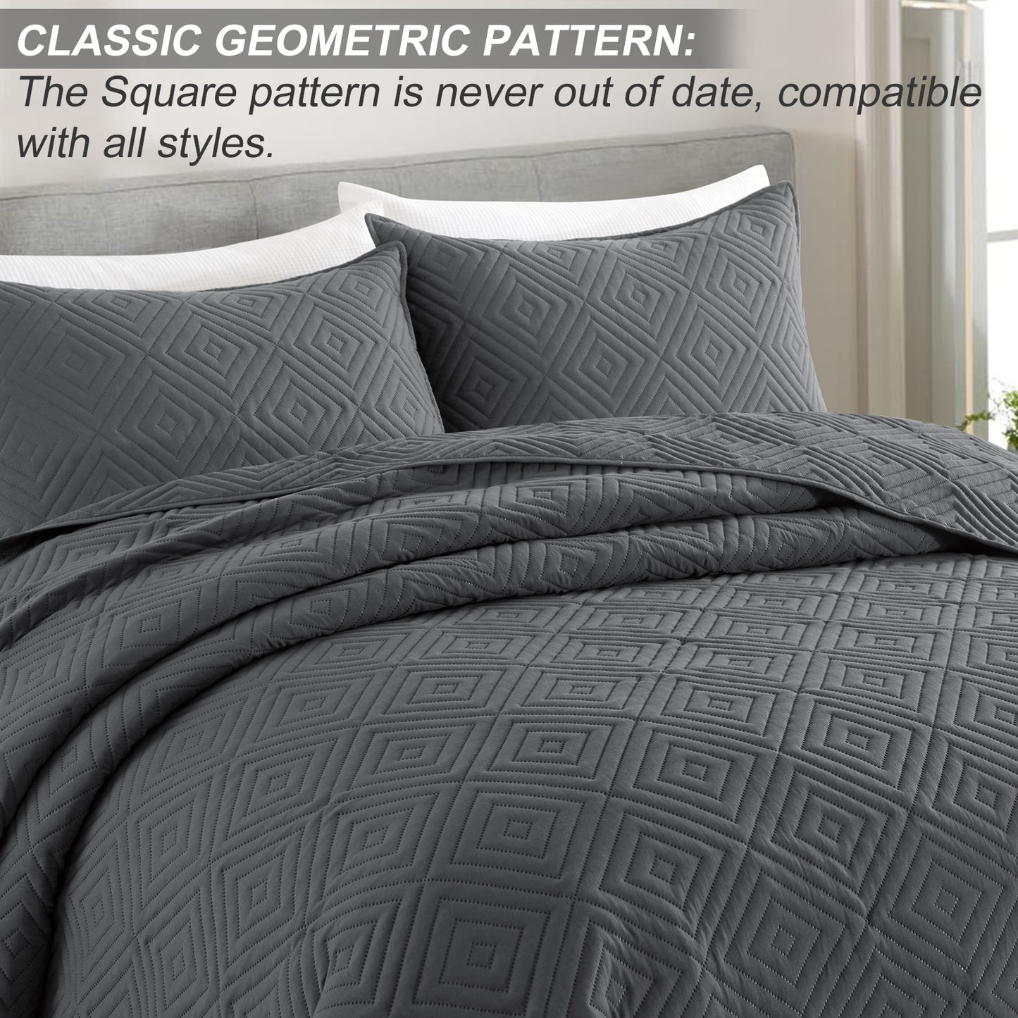 Exclusivo Mezcla 3-Piece Gray Queen Size Quilt Set, Square Pattern Ultrasonic Lightweight and Soft Quilts/Bedspreads/Coverlets/Bedding Set (1 Quilt, 2 Pillow Shams) for All Seasons