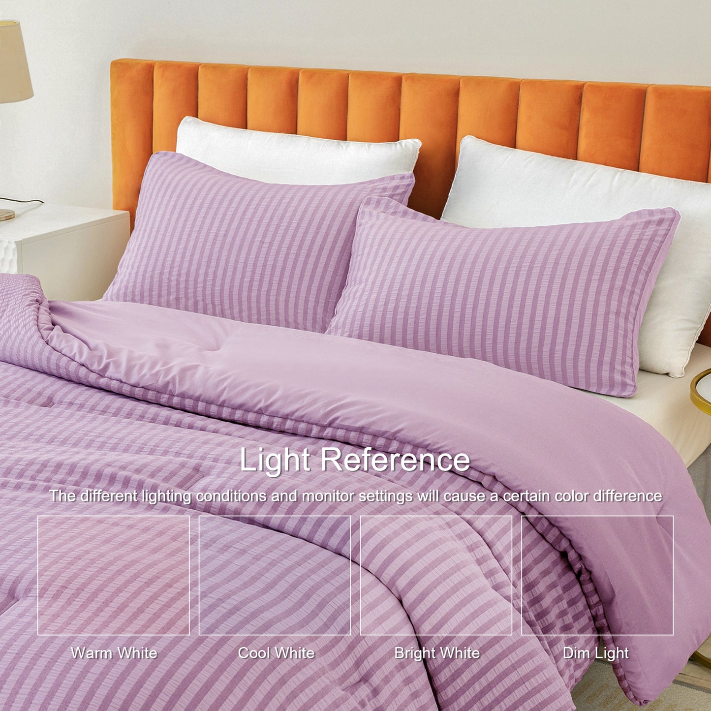 Exclusivo Mezcla 3-Piece Seersucker Queen Comforter Set Lilac, Lightweight Soft Striped Pattern All Season Bedding Comforter sets with 2 Pillow Shams