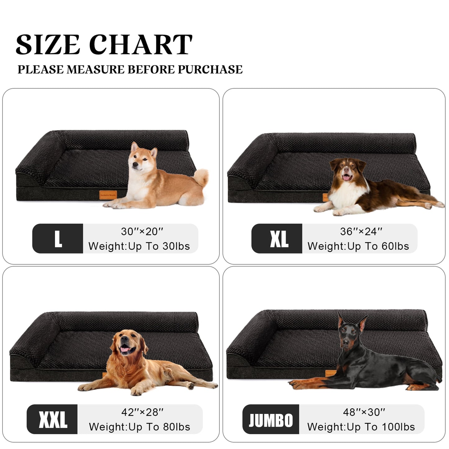Exclusivo Mezcla Jacquard Orthopedic Pet Bed for Extra Large Dogs, 48"X30" Waterproof L Shaped Dog Bed with Washable Cover, Black