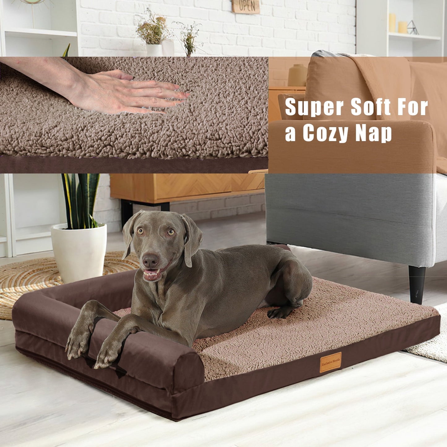 Exclusivo Mezcla Orthopedic Pet Bed for Extra Large Dogs 56"X40", L Shaped Waterproof Dog Beds with Removable Washable Cover, Brown