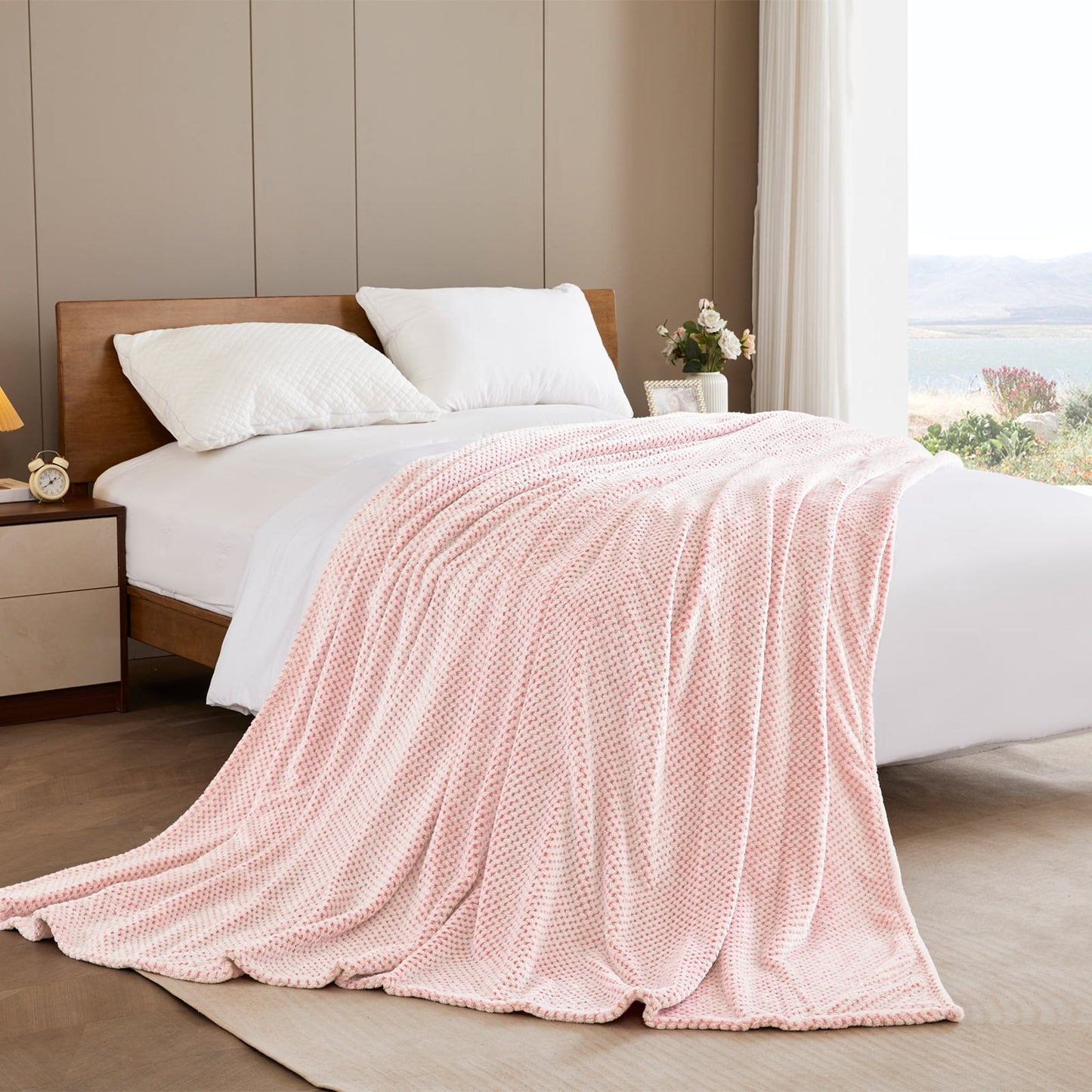 Exclusivo Mezcla Waffle Textured Soft Fleece Blanket, King Size Bed Blanket, Cozy Warm and Lightweight (Mixed Pink, 90x104 inches)