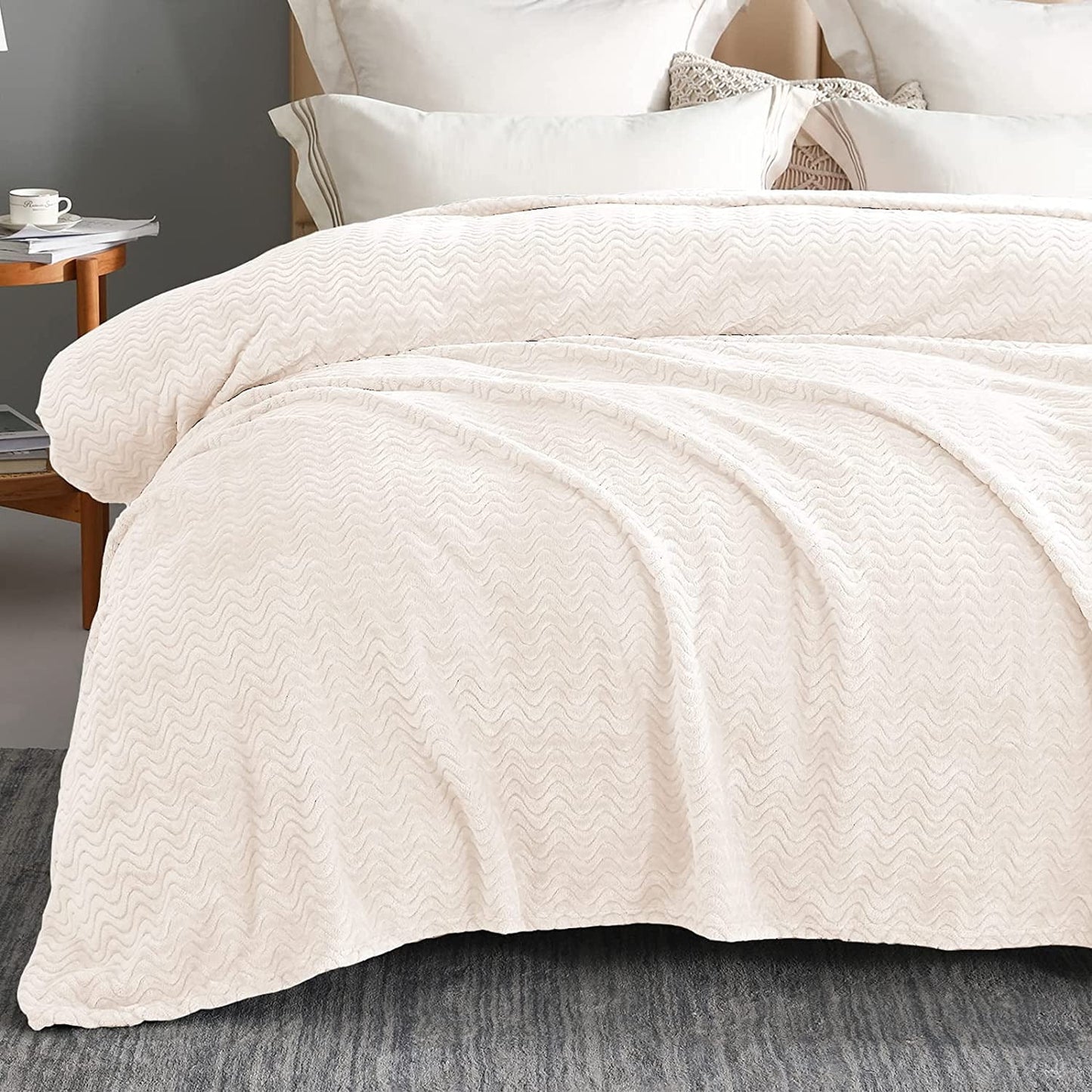 Exclusivo Mezcla Twin Size Jacquard Weave Wave Pattern Flannel Fleece Velvet Plush Bed Blanket as Bedspread/Coverlet/Bed Cover (90" x 66",Ivory) - Soft, Lightweight, Warm and Cozy
