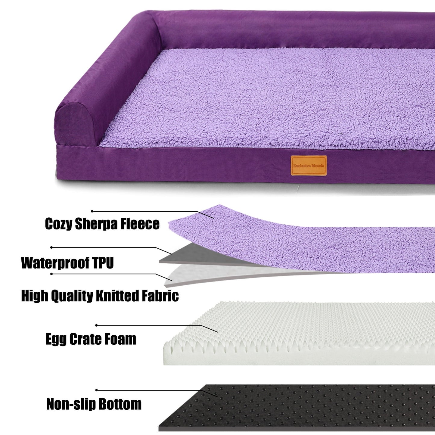 Exclusivo Mezcla Orthopedic Pet Bed for Extra Large Dogs 56"X40", L Shaped Waterproof Dog Beds with Removable Washable Cover, Purple